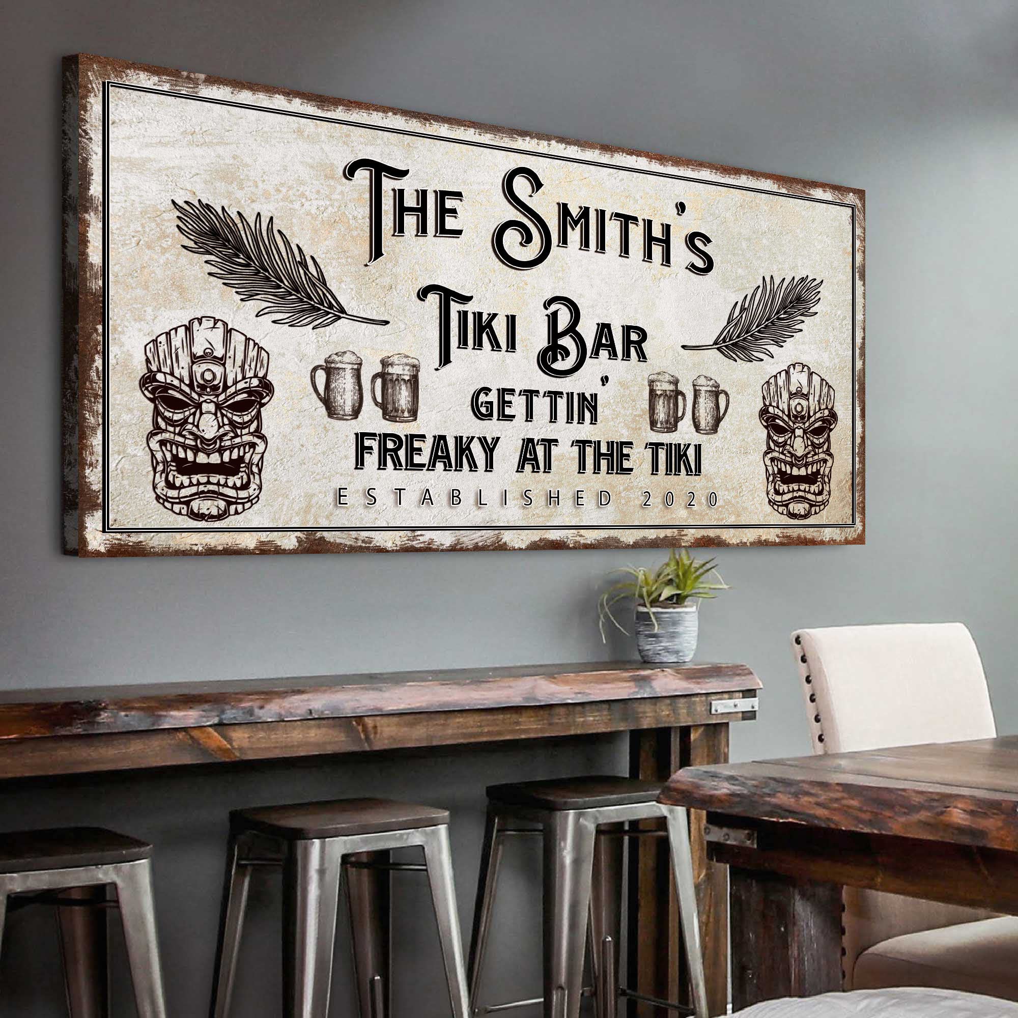 Custom Tiki Bar Sign - 60x30in Rustic Canvas Wall Art Decor for Man Cave, Outdoor, Hideout, Kitchen, Pub, Diner & Restaurant - Perfect for Tropical Themed Parties & Beach House Decor