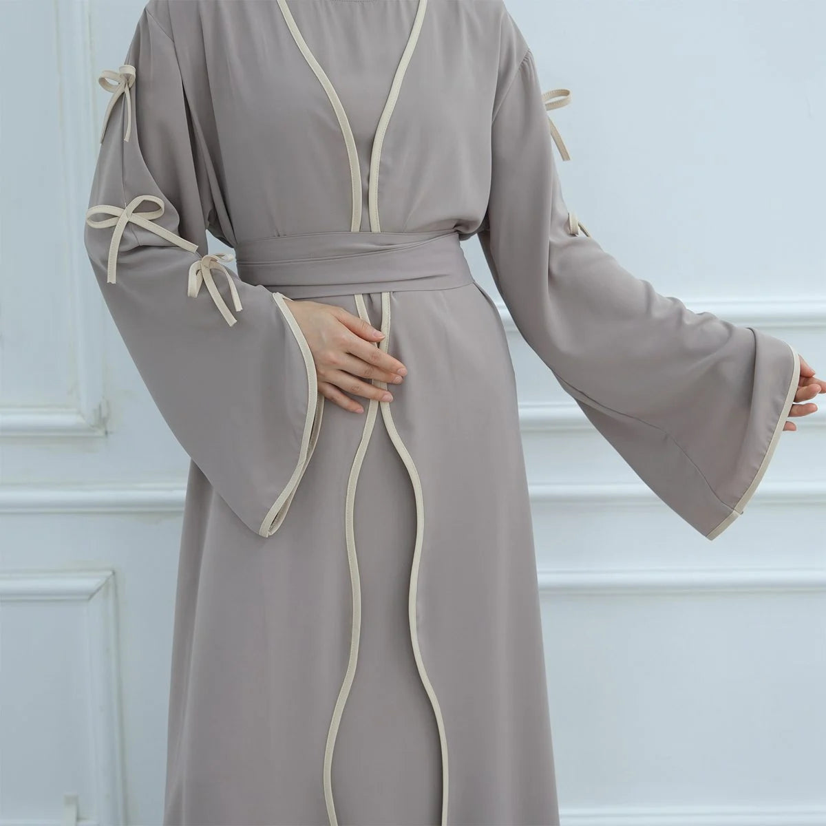 2-Piece Soft Nida Open Abaya Dress Set with Inner Sleeveless Dress - Elegant Muslim Prayer Dress for Women (Beige, #251003) | Perfect for Eid, Ramadan, Mosque & Special Occasions
