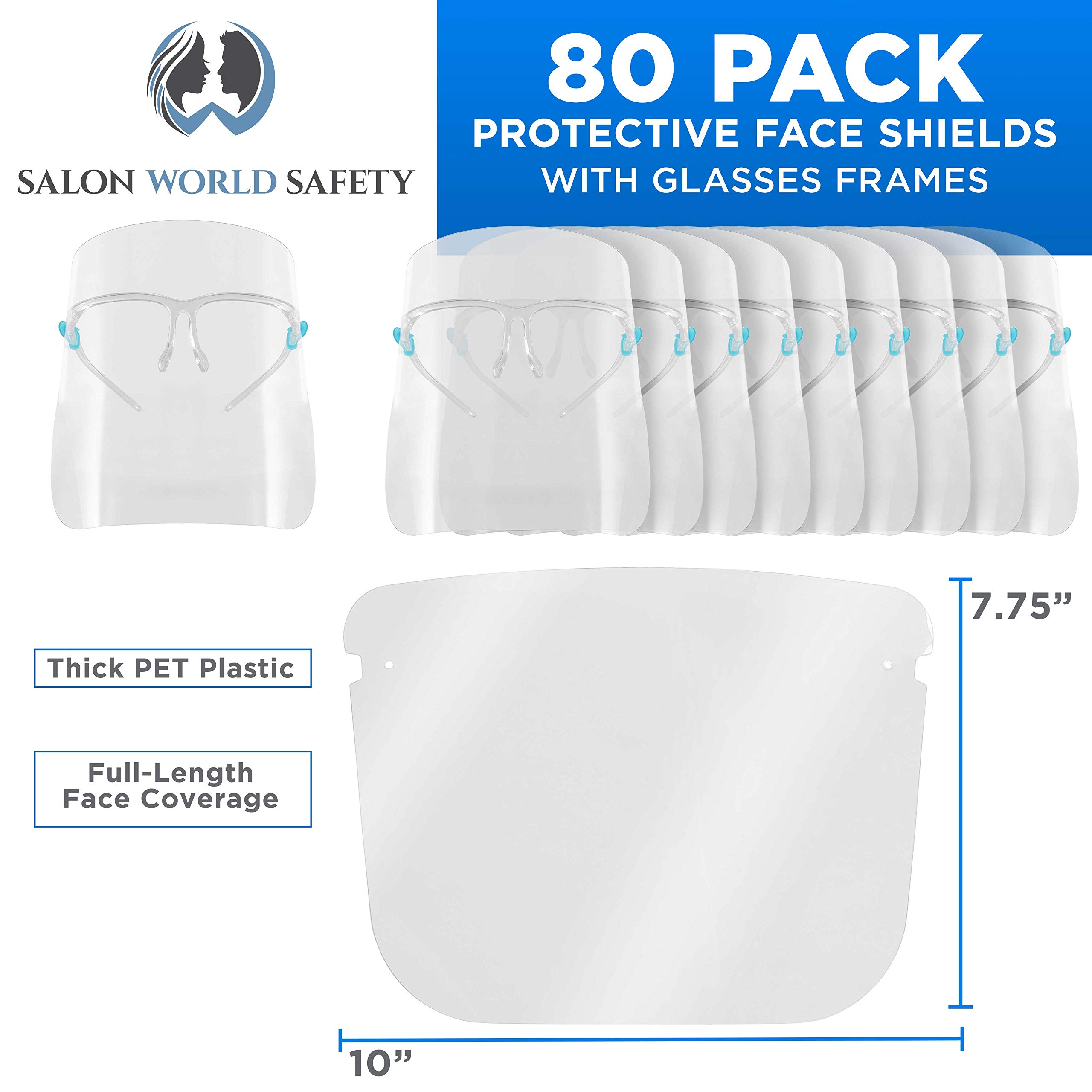 TCP Global Salon World Safety 80 Face Shields with Glasses Frames (20 Packs of 4) - Ultra Clear Protective Full Face Shields for Eye, Nose & Mouth Protection - Anti-Fog PET Plastic Goggles - Ideal for Salon, Healthcare & Industrial Use