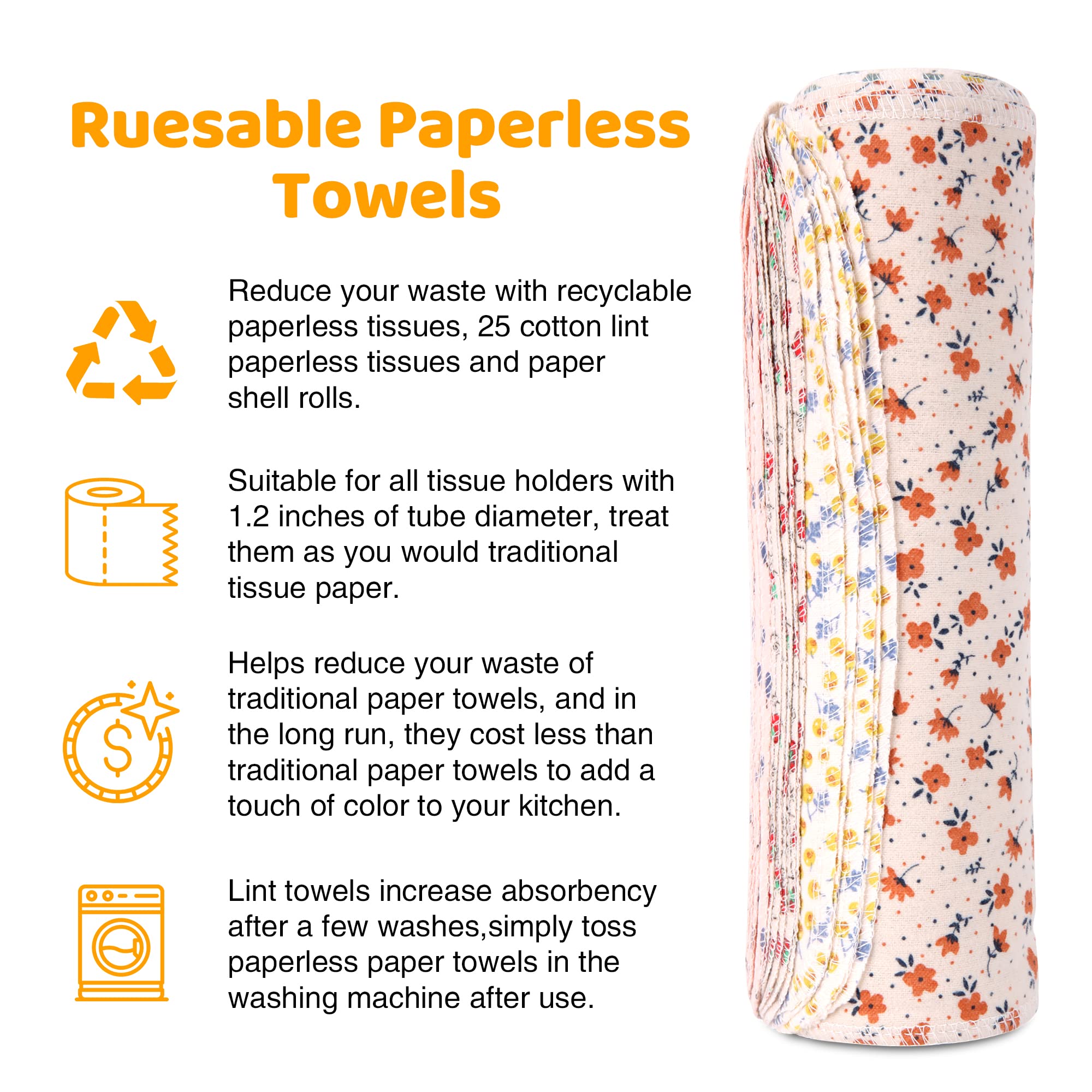 25-Pack Reusable Washable Cotton Flannel Paper Towels Roll - 10x10 Inch Super Soft & Absorbent Kitchen Towels with Cardboard Roll | Fits All Holders | Eco-Friendly Alternative for Cleaning, Spills & Household Chores
