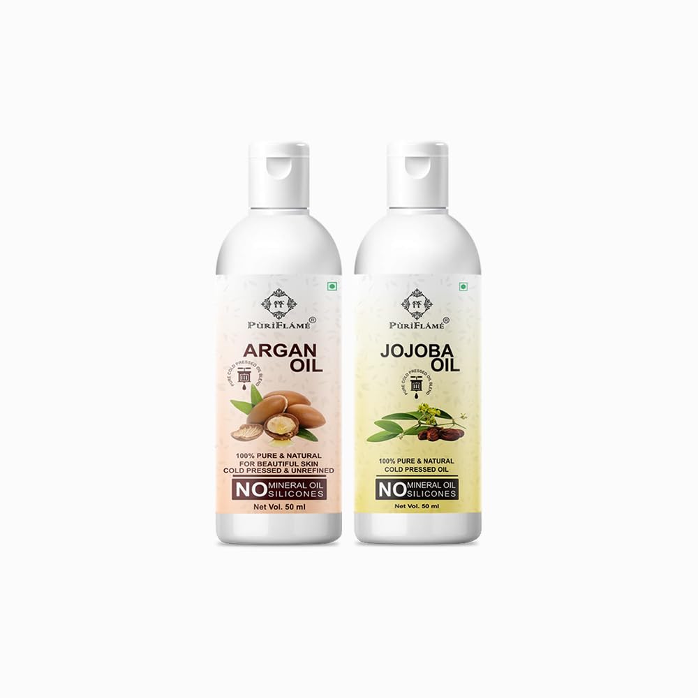 PuriFlame 100% Pure Argan Oil & Jojoba Oil Combo Set (50ML Each) - For Hair Growth, Anti Hair Fall, Split Ends Treatment - Promotes Soft, Shiny Hair - Perfect for Daily Hair Care & Scalp Massage