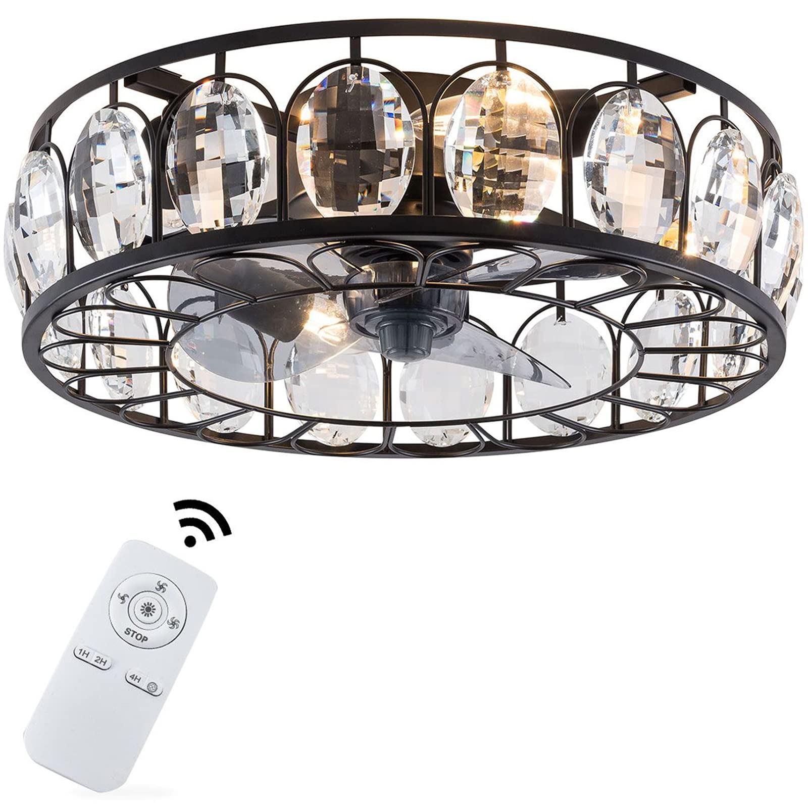 18 Inch Black Iron Modern Crystal Ceiling Fan with Lights - 4 E27 Caged Adjustable 3 Speed Remote Control, Low Profile Flush Mount Chandelier Fan with Quiet Motor - Perfect for Bedroom, Living Room and Dining Room Lighting