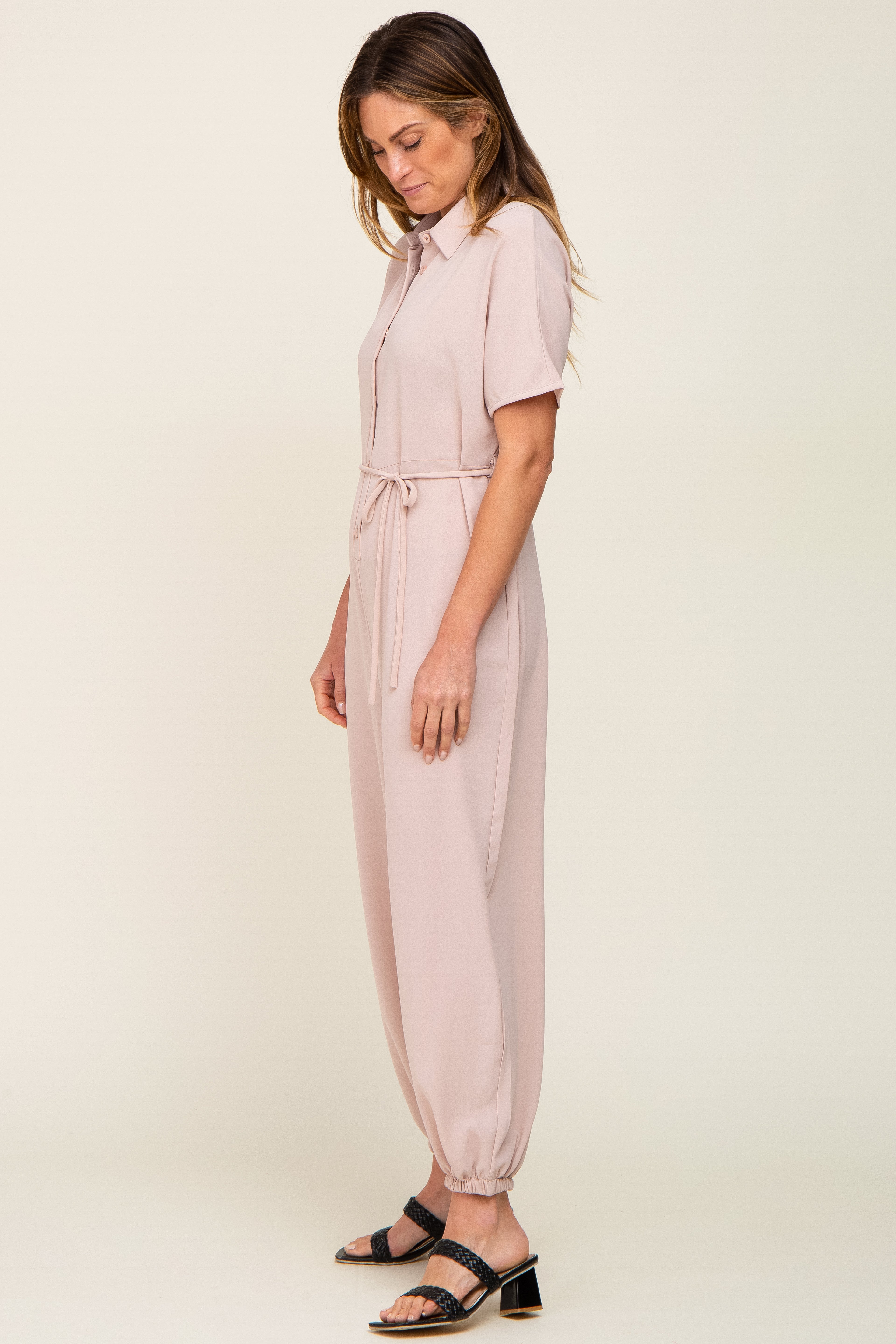 Beige Button Up Jumpsuit for Women - Stylish Casual Romper with Pockets | Perfect for Summer Outfits, Beach Vacations & Date Nights