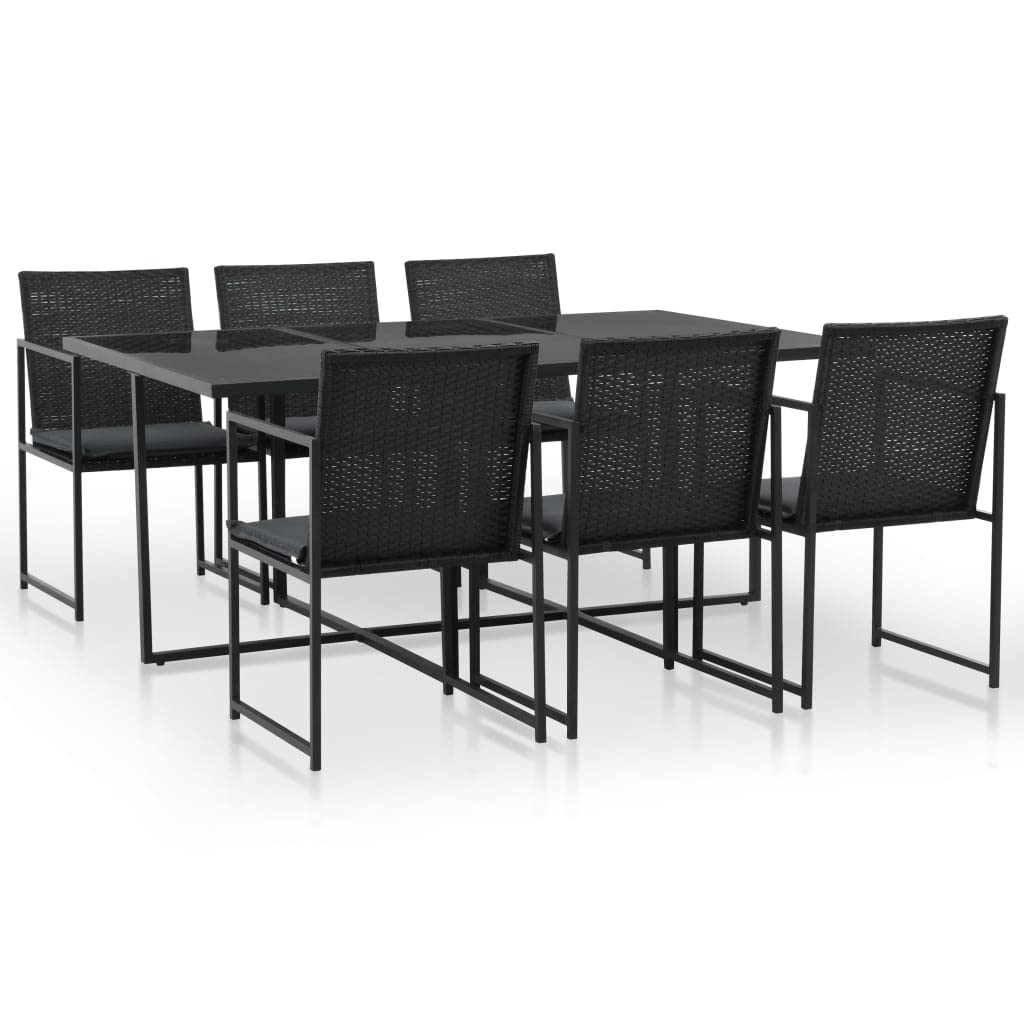 vidaXL 7-Piece Patio Dining Set with Glass Tabletop & Cushioned Rattan Chairs - Black Poly Rattan Outdoor Furniture for Garden, Poolside, and Backyard Entertaining