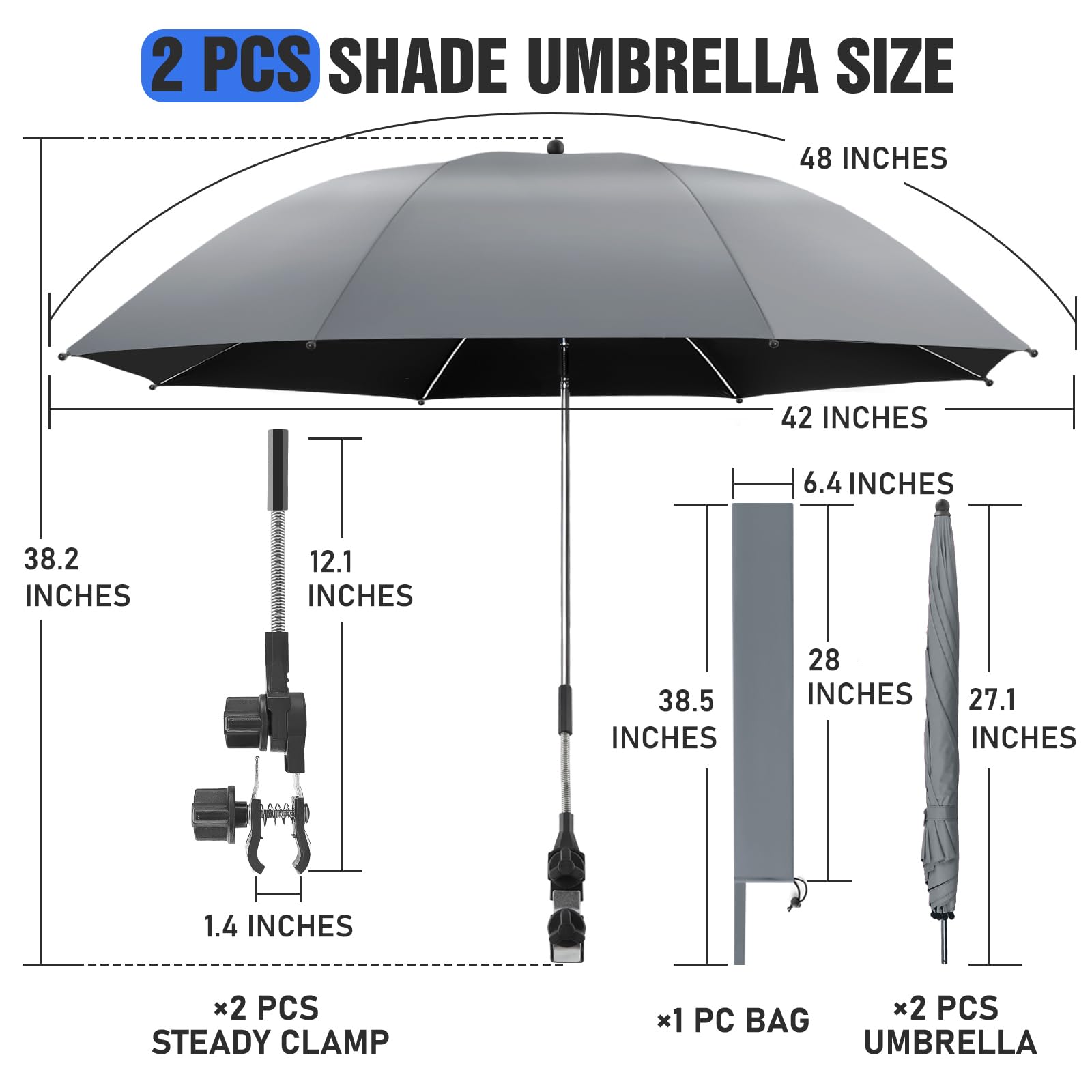 2 Pack Adjustable Chair Umbrella with Clamp - 360° Rotation UPF50+ Sun Shade for Beach, Patio, Wheelchair, Camping & Golf Carts | Perfect for Outdoor Relaxation, Sun Protection & Travel (Chair Not Included)
