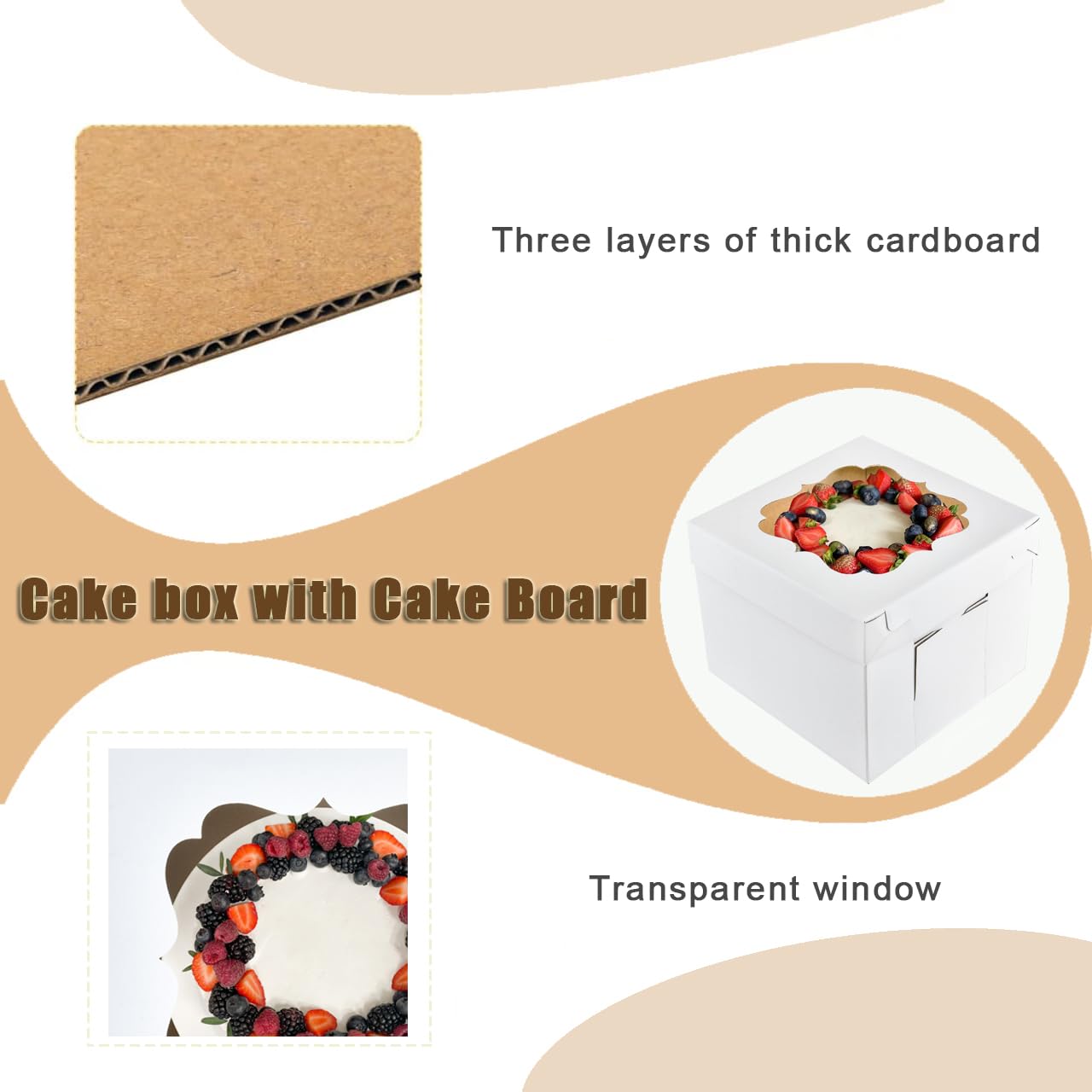 XININSUN 8x8x10 Inch Tiered Cake Boxes with Window & Sturdy Cake Boards - 5 Pack Tall Cake Carrier for Layer Cakes, Wedding, Birthday, and Party Dessert Display