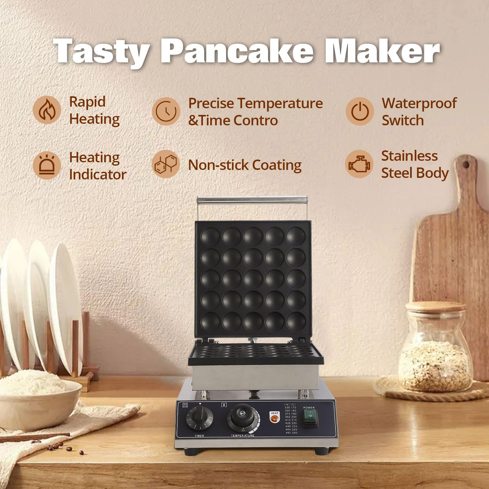 25Pcs Commercial Round Muffin Maker - Electric Nonstick Pancake Machine with 1.8