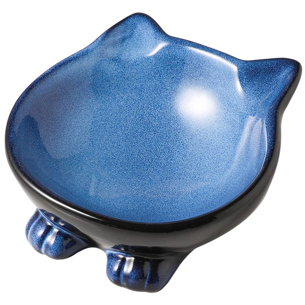Nihow Ceramic Cat Bowl Set - 5 Inch Food & Water Dish for Cats - Food Grade, Microwave & Dishwasher Safe - Elegant Blue & Black (4.25 OZ, 1 Piece) - Perfect for Daily Feeding, Travel & Gift Giving
