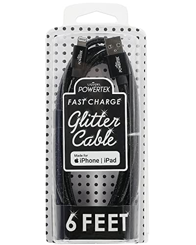 LIQUIPEL Powertek Glitter MFi Certified Fast Charging Cable - 6ft Lightning to USB Charger for iPhone 14/13/12/11/X/8/7 & iPad - Durable & Tangle-Free (Black) - Perfect for Home, Office & Travel Charging