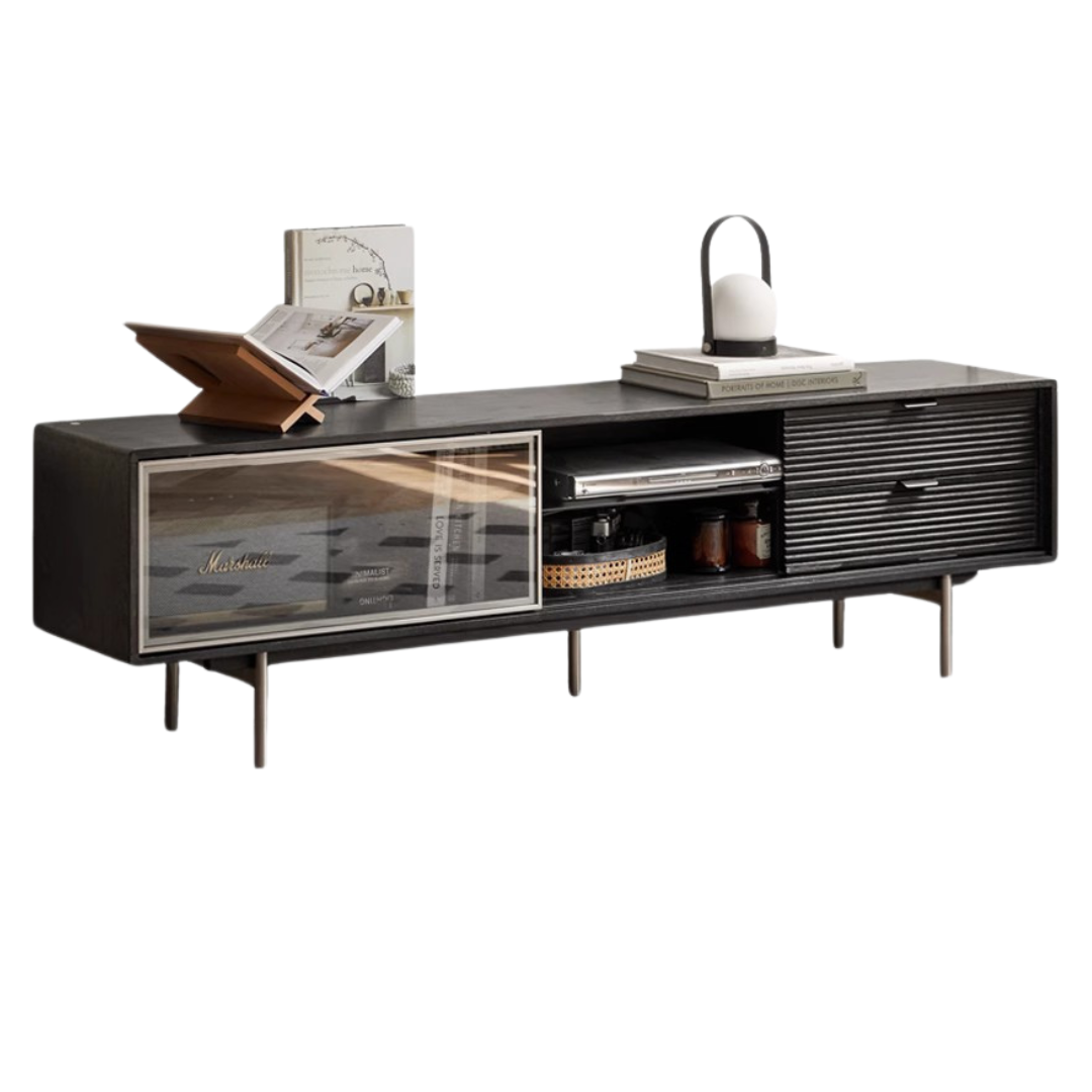 Modern Black Oak Solid Wood TV Stand - Stylish Entertainment Center for Living Room & Home Theater