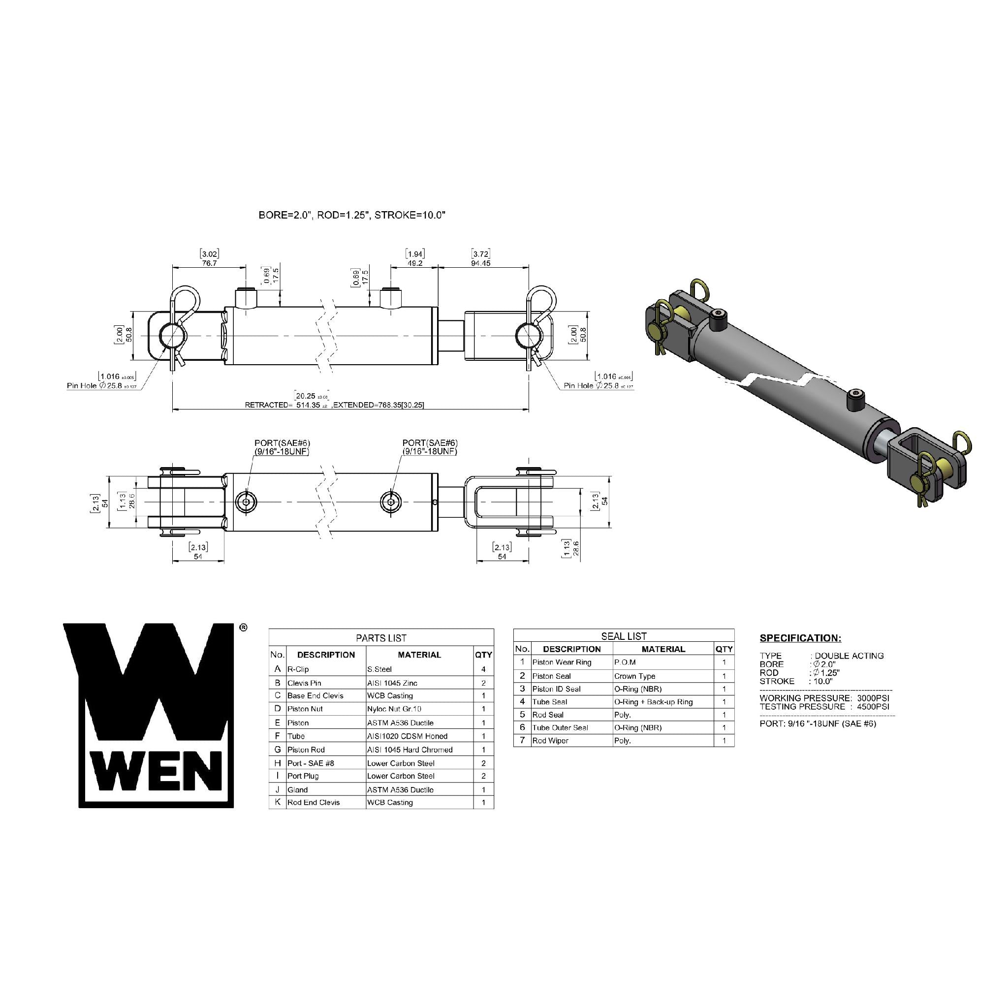 WEN CC2010 Clevis Hydraulic Cylinder - 2 Inch Bore, 10 Inch Stroke for Heavy-Duty Industrial Equipment and Machinery Repair
