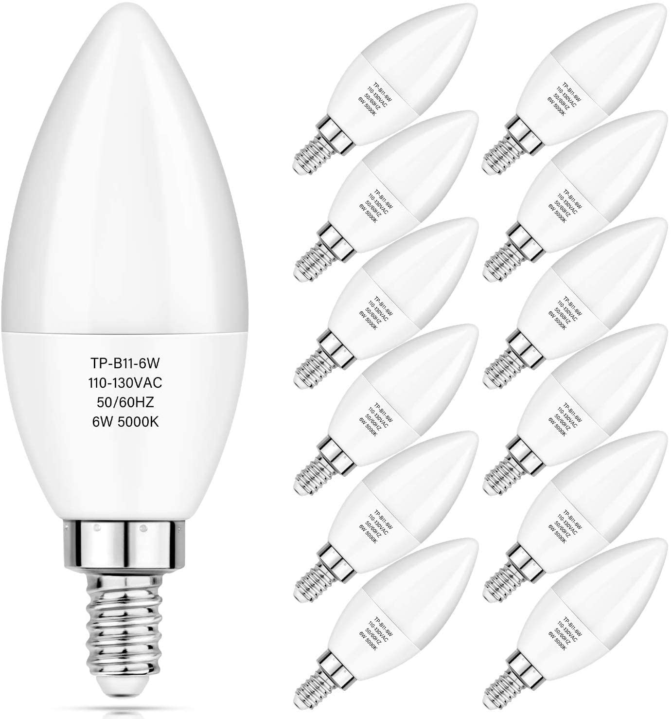 MAXvolador 12-Pack E12 Candelabra LED Bulbs - 60W Equivalent, 6W 600LM B11 Candle Light Bulbs 5000K Daylight White, Non-Dimmable Chandelier Bulbs with E12 Base - Perfect for Ceiling Fans, Wall Sconces & Decorative Lighting