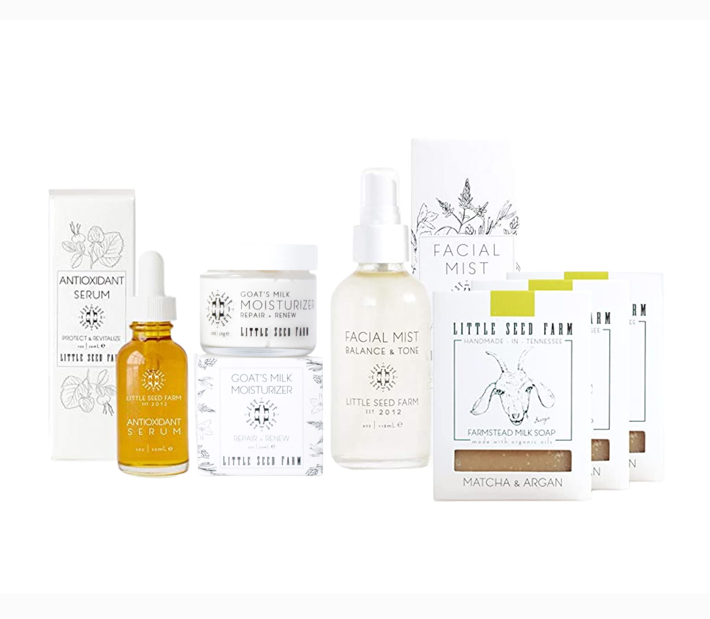 Little Seed Farm Matcha & Argan Skincare Bundle - Organic Moisturizer, Soap, Elasticity Serum & Facial Mist Toner Set for Dry & Sensitive Skin | Daily Hydration & Anti-Aging Routine