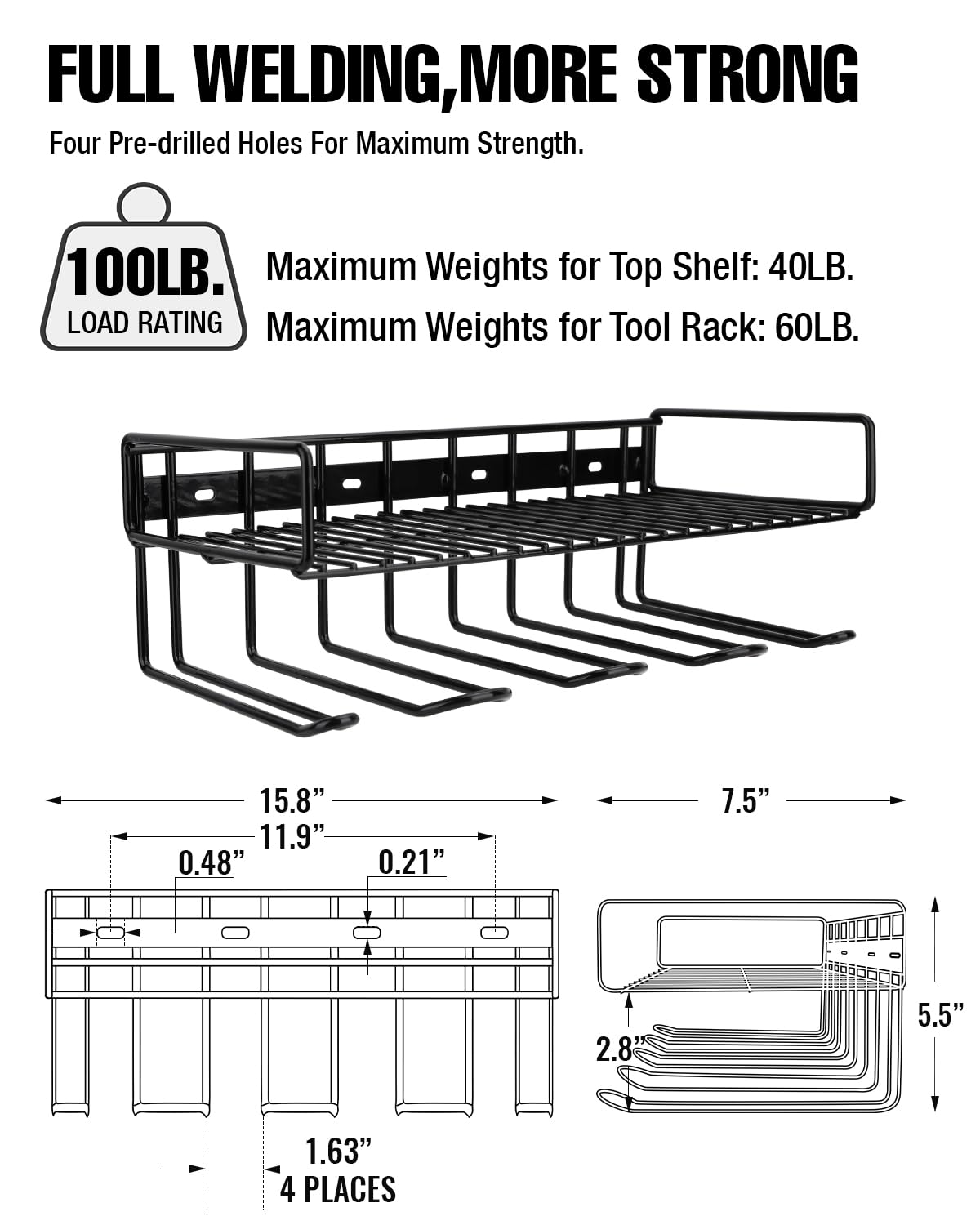 Heavy Duty Wall Mounted Power Tool Organizer - Battery Powered Hand Tools & Cordless Drill Storage Rack with Shelf | Compact 2-in-1 Design for Garage, Workshop & DIY Projects