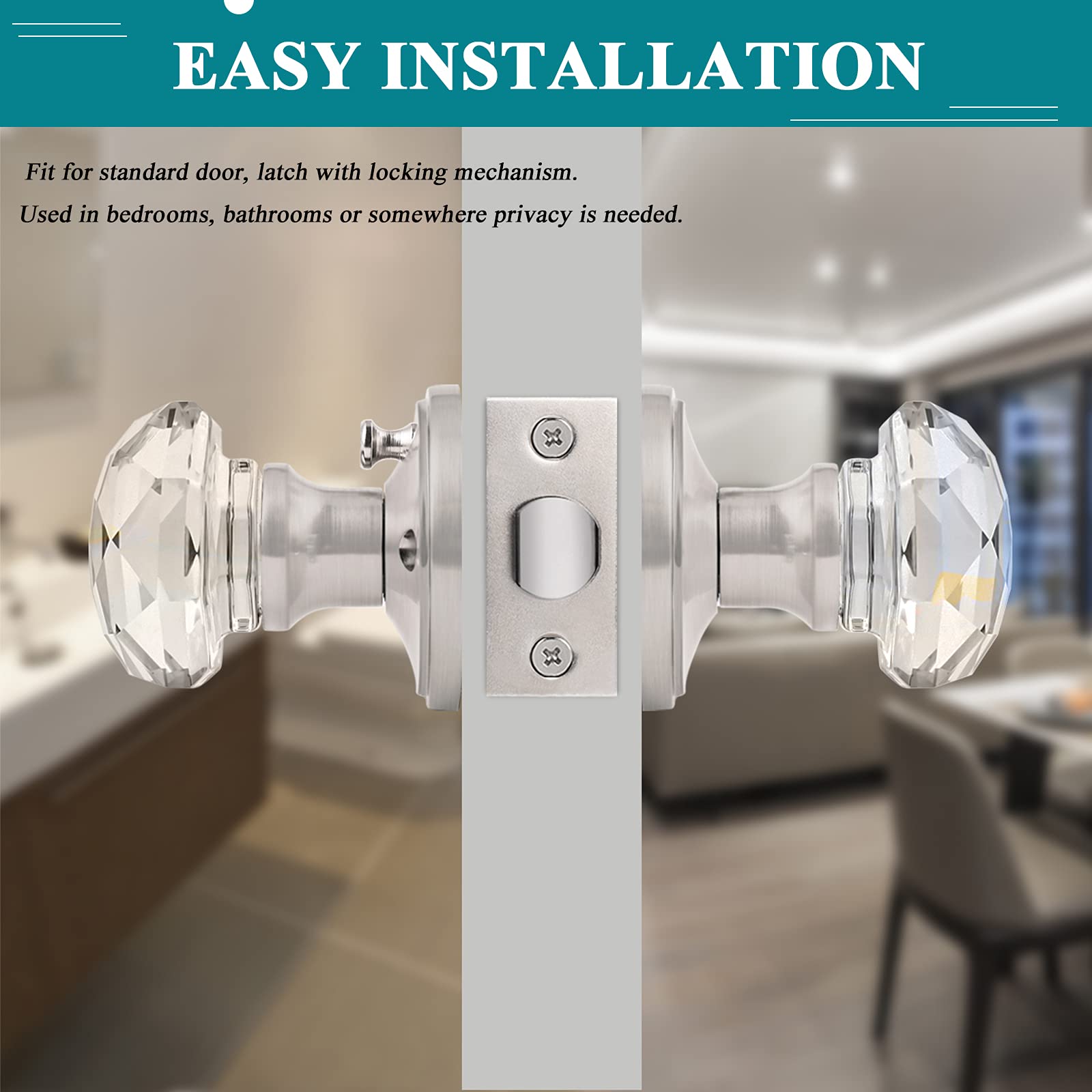 6 Pack Clear Glass Privacy Door Knobs with Satin Nickel Finish - Crystal Bedroom & Bathroom Door Handles - Zinc Alloy Round Rosette for Home Interior Doors (Ideal for Bedrooms, Bathrooms & Privacy Spaces)