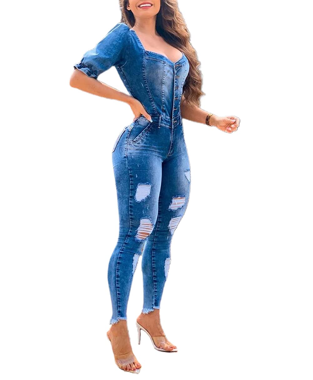 Stylish Women's Denim Jumpsuit - Casual Short Sleeve Distressed Hole Jeans Romper | Perfect for Summer Outings, Date Nights & Streetwear Fashion