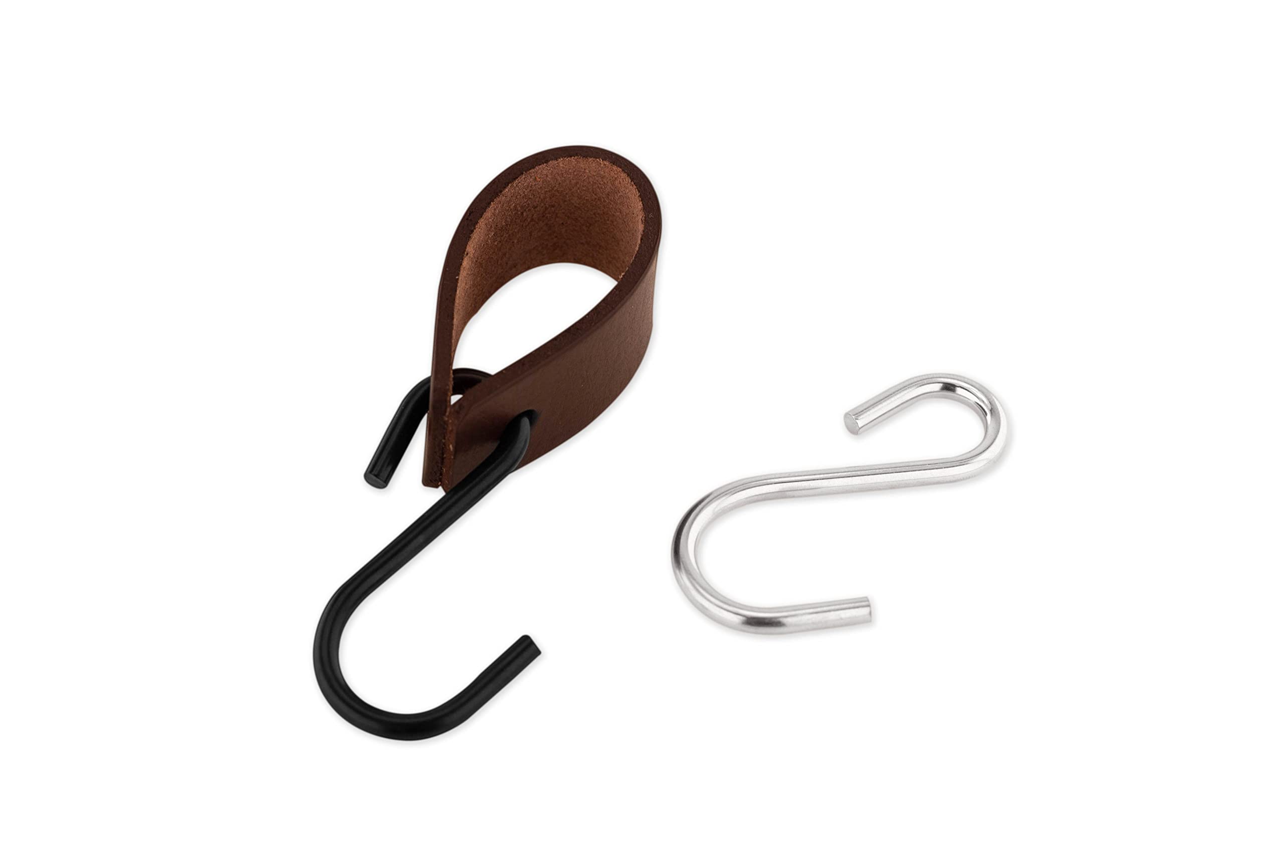 Brute Strength - Heavy Duty Leather S-Hooks for Hanging Coats, Bags & Kitchen Utensils - 2 Pack Brown Leather Hooks - Rustic Home & Office Decor - Perfect for Closet, Entryway & Pantry Organization