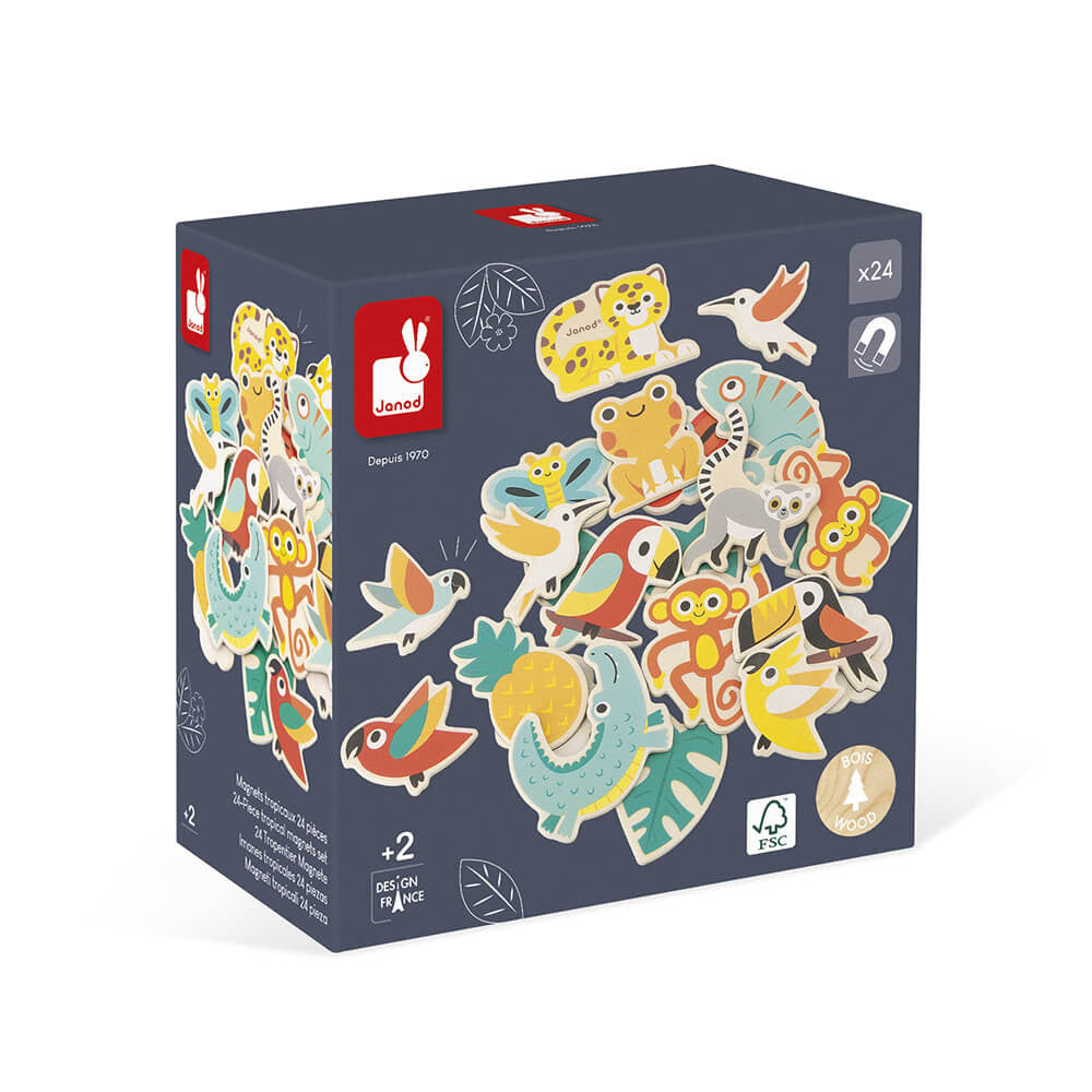 24-Piece Wooden Magnetic Tropical Animals Set - Fun Educational Toys for Kids - Perfect for Fridge Play, Classroom Learning & Travel Activities