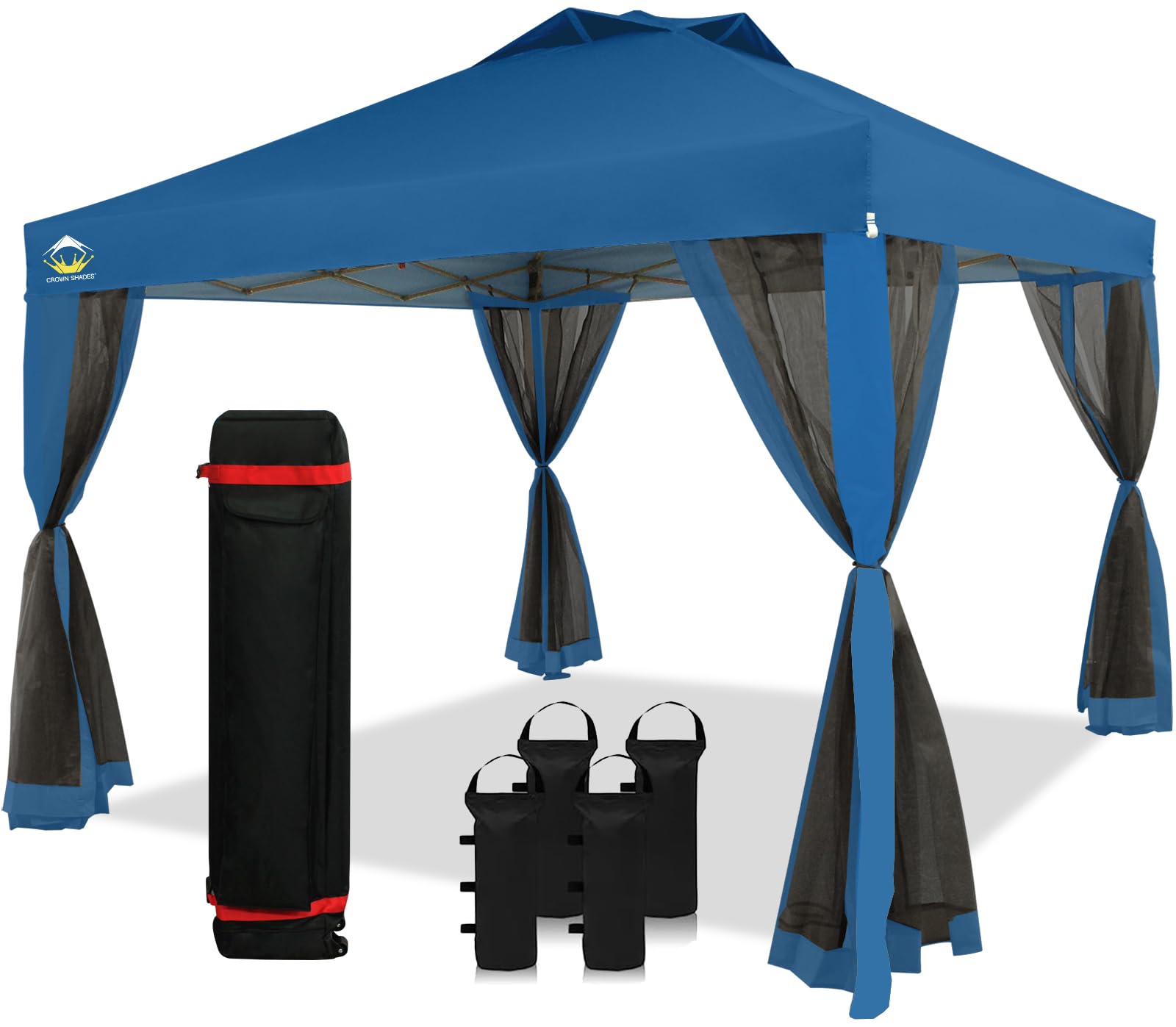 10x10 Pop Up Canopy Tent with Netting - CROWN SHADES Portable Gazebo for Outdoor Events, Includes 4 Ropes, 8 Stakes & 4 Weight Bags - Wheeled Storage Bag - Perfect for Patio, Backyard, Camping & Beach Parties (Blue)