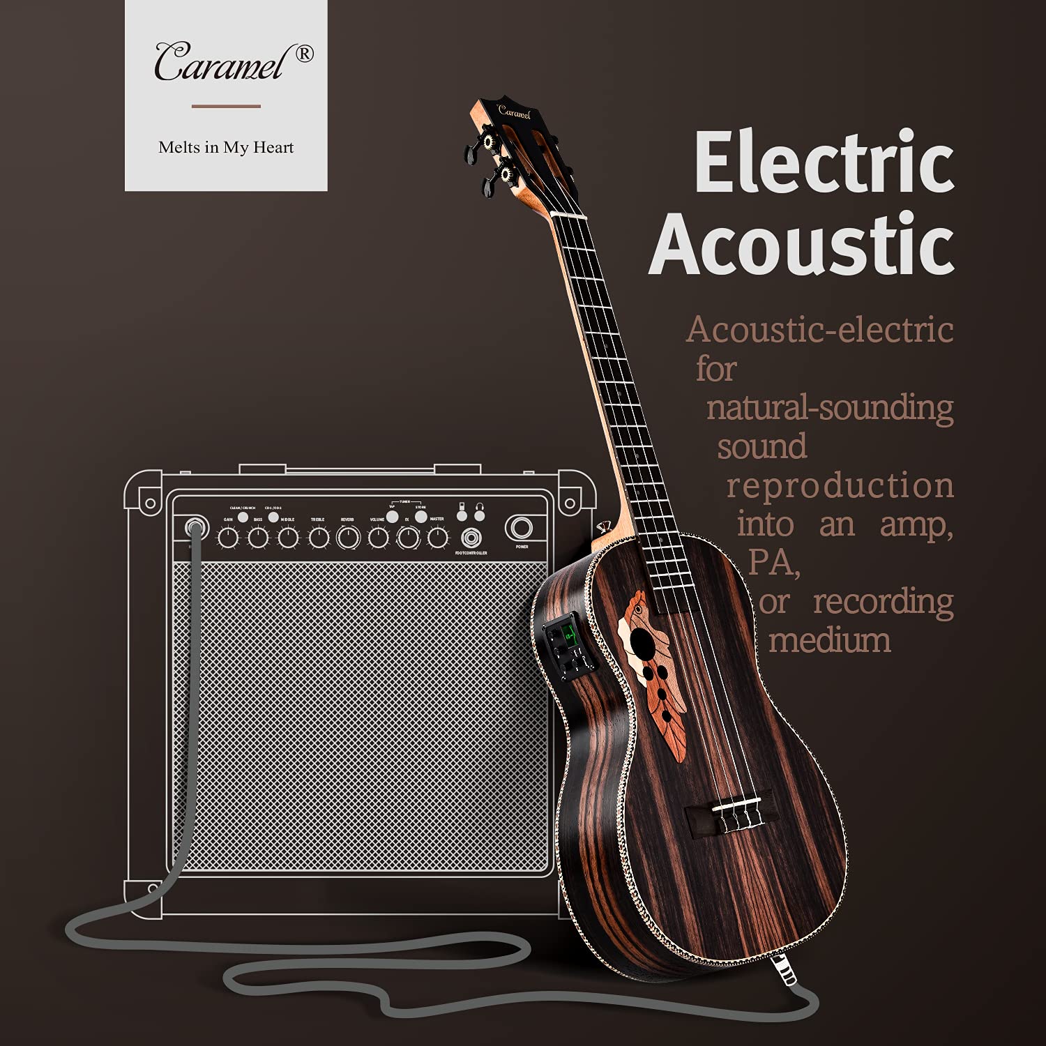 30 Inch Caramel Ebony Wood Baritone Ukulele with LCD Color Display - Electric Ukelele Starter Kit for Beginners | Includes Gig Bag, Strap & Strings Set | Perfect for Hawaiian Music, Live Performances & Home Practice