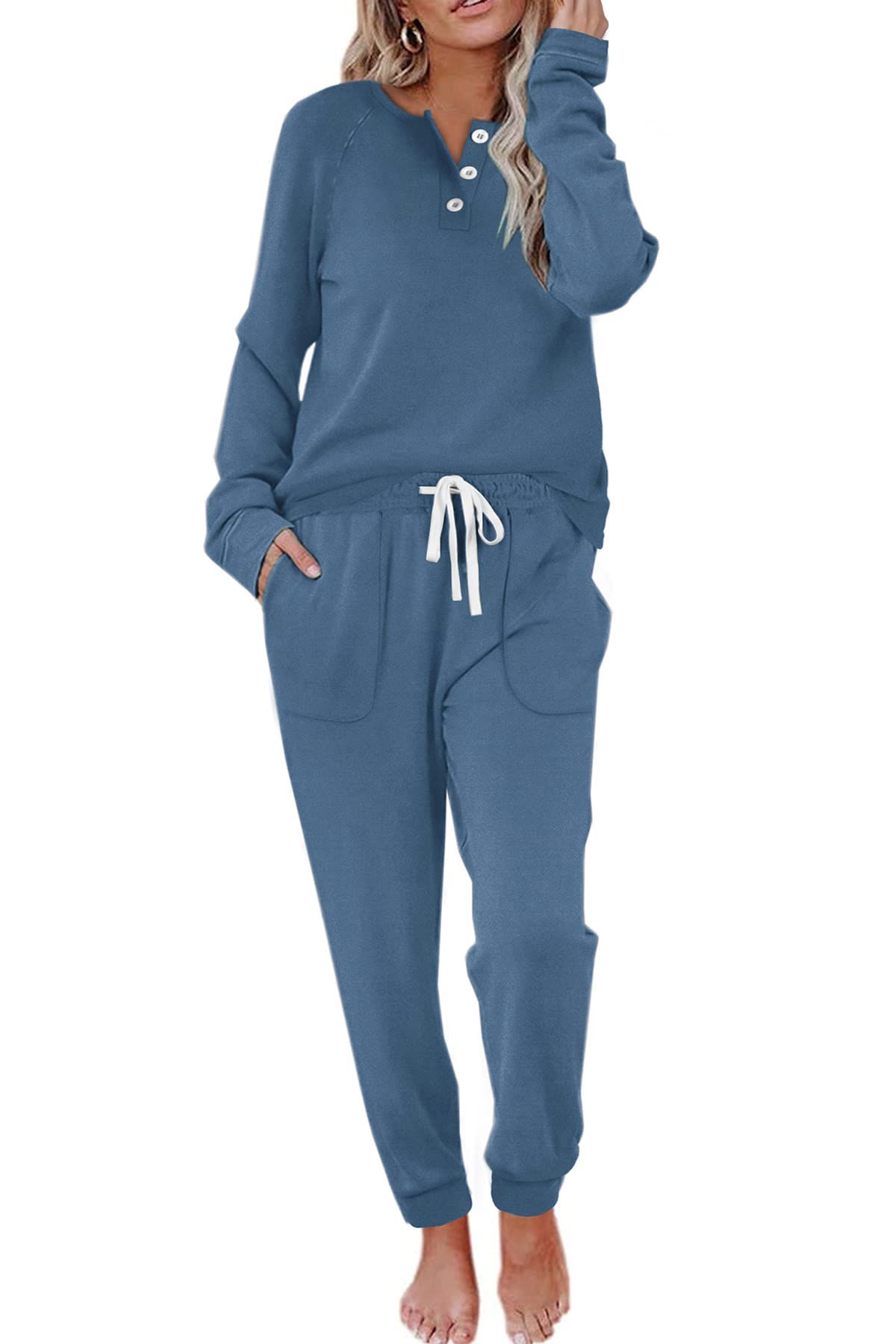 WIHOLL Women's 2-Piece Lounge Set - Button Down Sweatshirt & Sweatpants Outfit with Pockets | Comfortable Loungewear for Home, Yoga, and Casual Wear