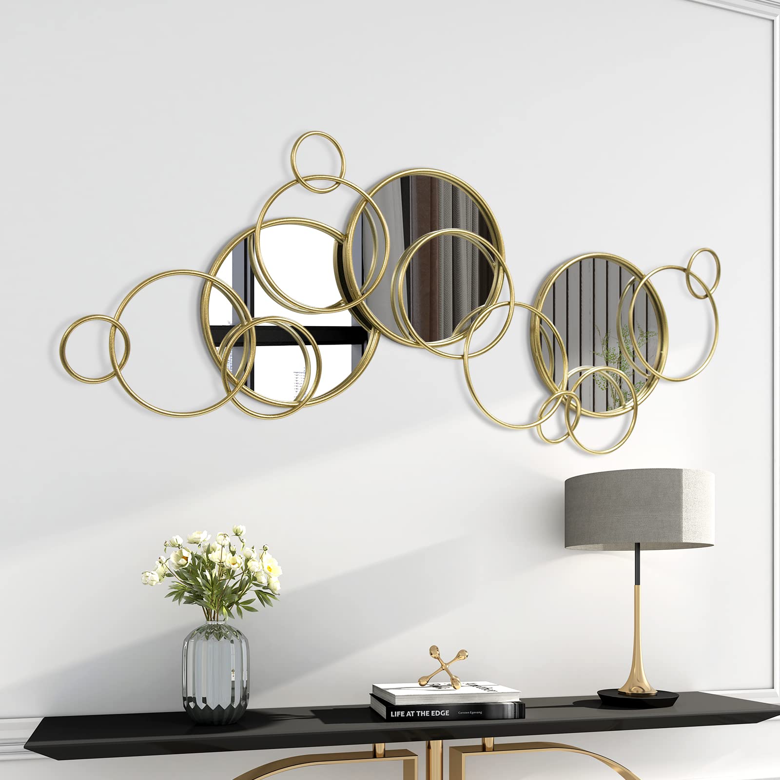 48x19 Inch Gold Overlapping Modern Wall Mirror - Large Decorative Mirror for Living Room, Entryway, Foyer, Hallway & Bedroom - Perfect for Home Decor & Interior Design