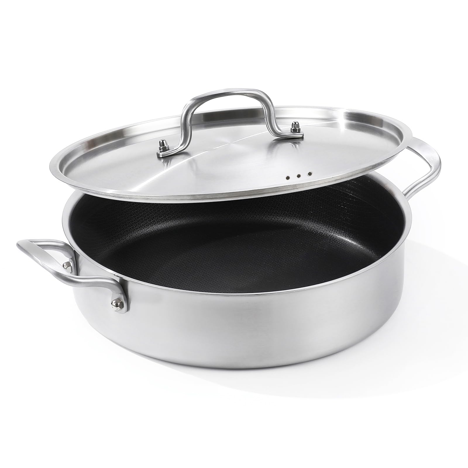 5 Quart Tri-Ply Hybrid Nonstick Stainless Steel Saute Pan with Lid - 12 Inch Deep Frying Pan & Rondeau Pot - Oven & All Cooktops Safe up to 600℉ - Perfect for Searing, Frying & Braising - Ideal for Home Chefs & Professional Kitchens
