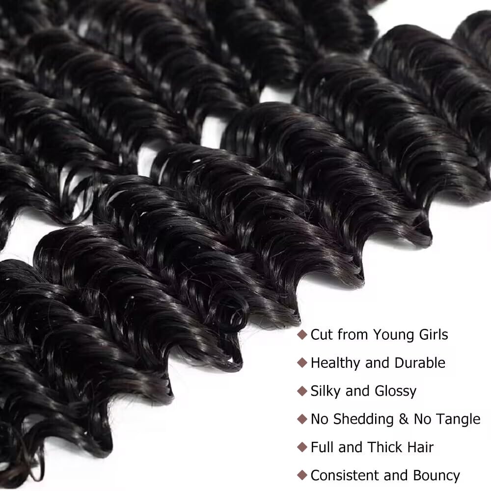 12A Deep Wave Human Hair Bundles 20 22 24 Inch - 100% Unprocessed Brazilian Virgin Hair - 3 Bundles Water Wave Weave for Natural Look - Perfect for Protective Styles, Weaves & Wigs