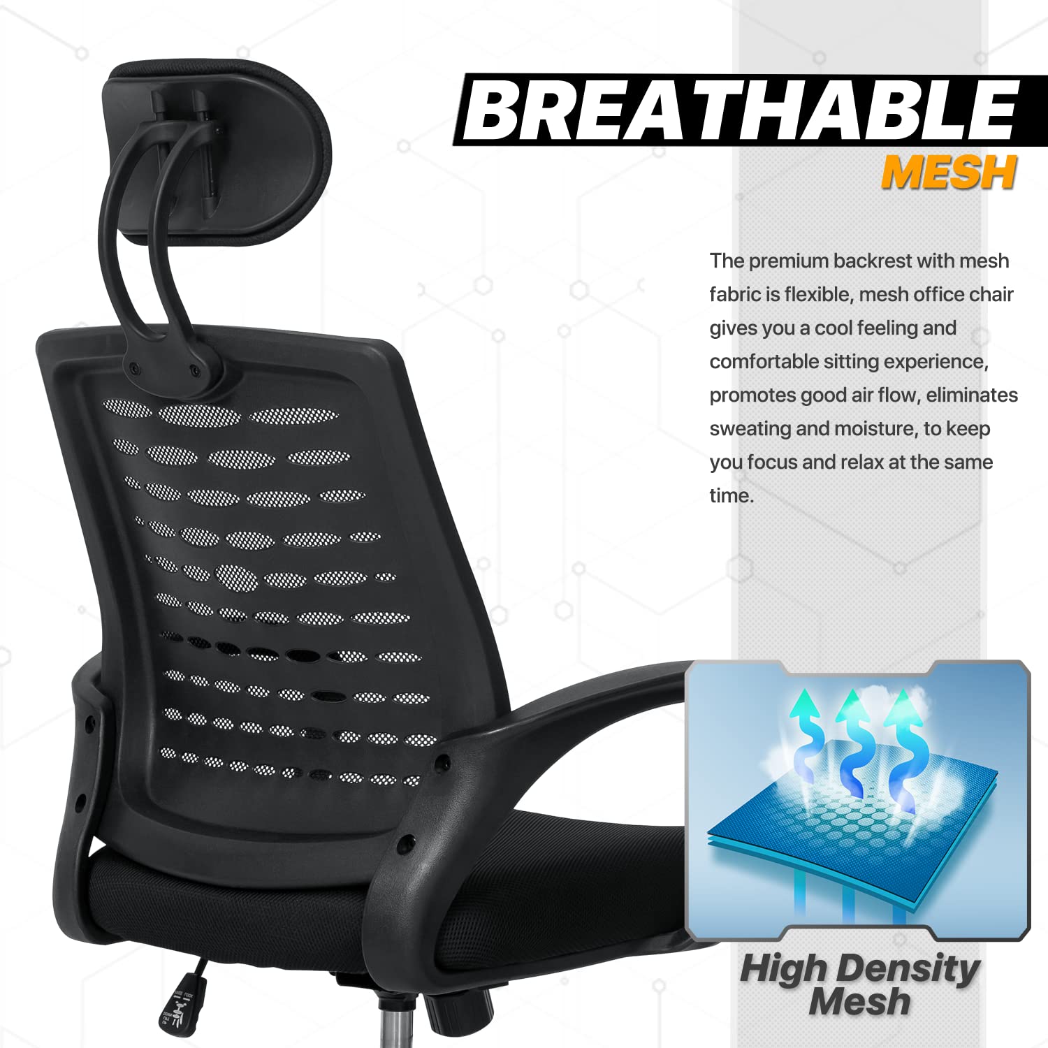 Premium Black Mesh Office Chair with Adjustable Headrest & Armrests - Ergonomic Computer Task Chair with Rectangular Desk Mat for Carpet - Perfect for Home Office, Gaming & Workspaces