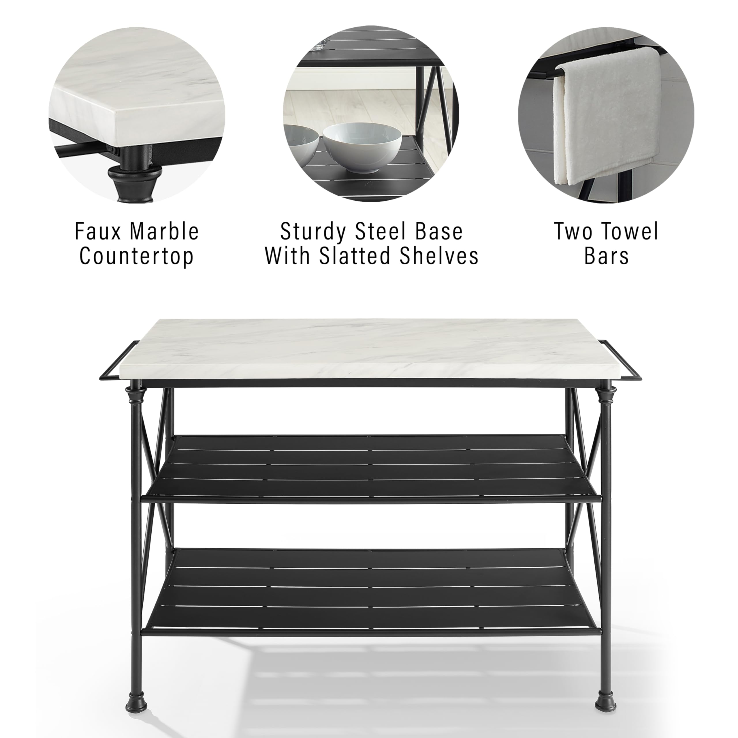Crosley Madeleine Kitchen Island with Storage Shelves, Microwave Stand & Coffee Bar - Steel Frame with Faux Marble Top for Modern Kitchens, Dining Areas & Small Spaces