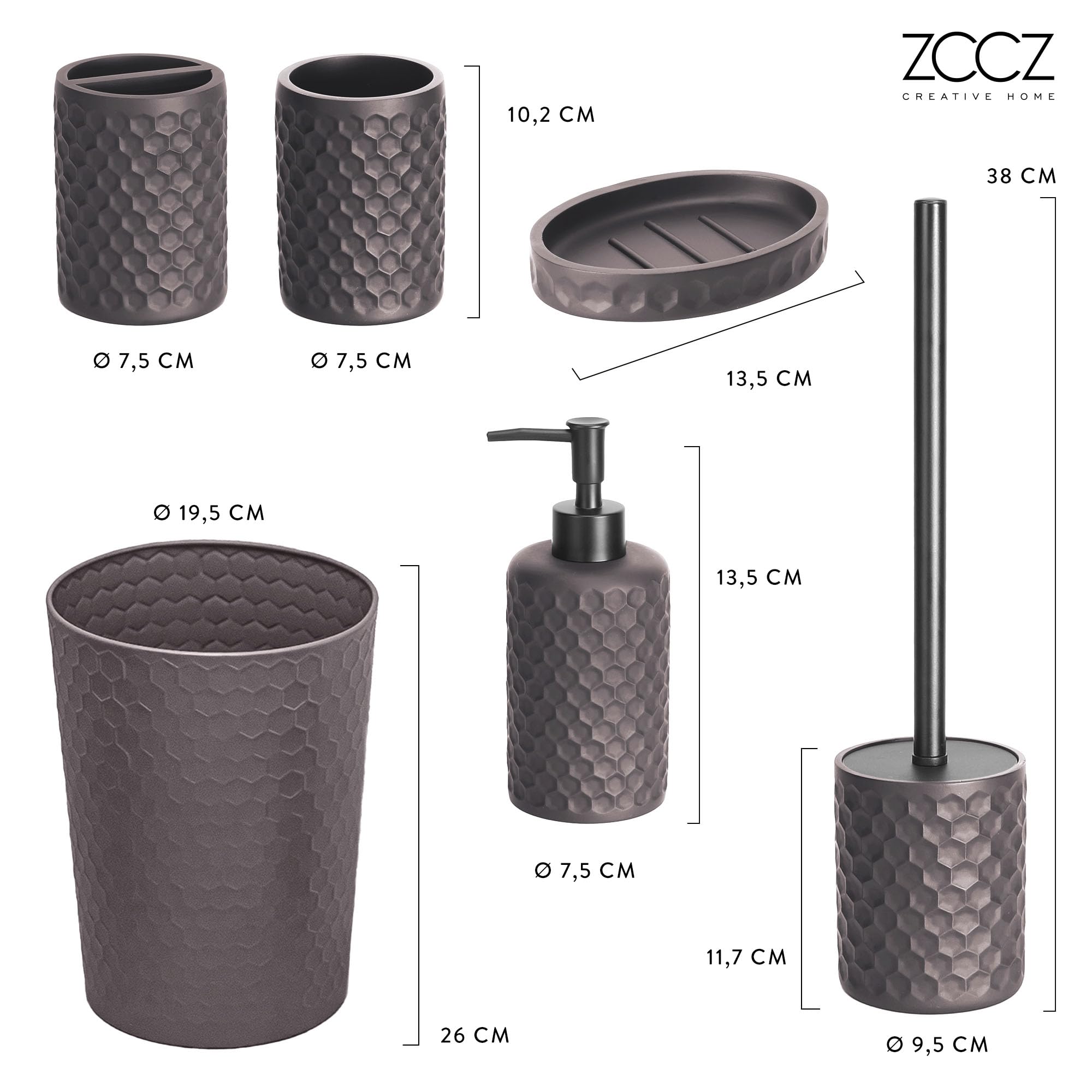 Premium 6-Piece Warm Grey Bathroom Accessory Set - Includes Trash Can, Toothbrush Holder, Cup, Soap Dispenser, Dish & Toilet Brush with Holder | Modern Bathroom Organization for Home, Apartment & Guest Bath Decor