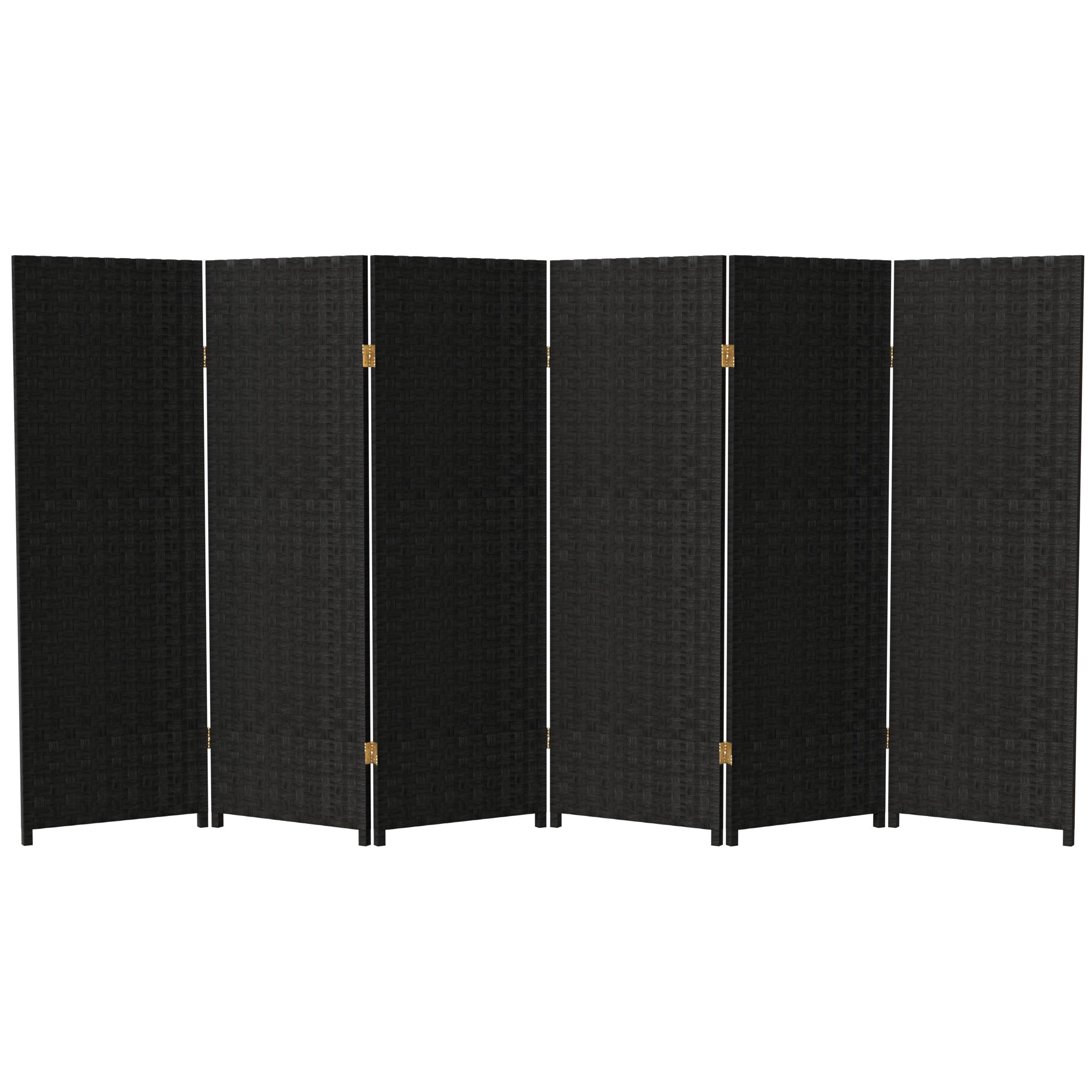 4 ft. Short Woven Fiber Folding Room Divider - Black 6-Panel Privacy Screen for Home, Office, or Outdoor Use - Space Separator for Living Room, Bedroom, Patio, and Events