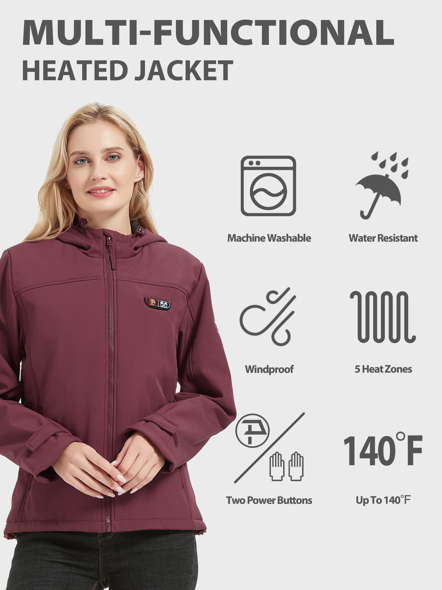 PTAHDUS Women's Heated Jacket with 5 Adjustable Heat Zones & Battery Pack - Winter Warm Coat with Hand Warmer Pockets for Outdoor Activities, Skiing, and Cold Weather Commuting