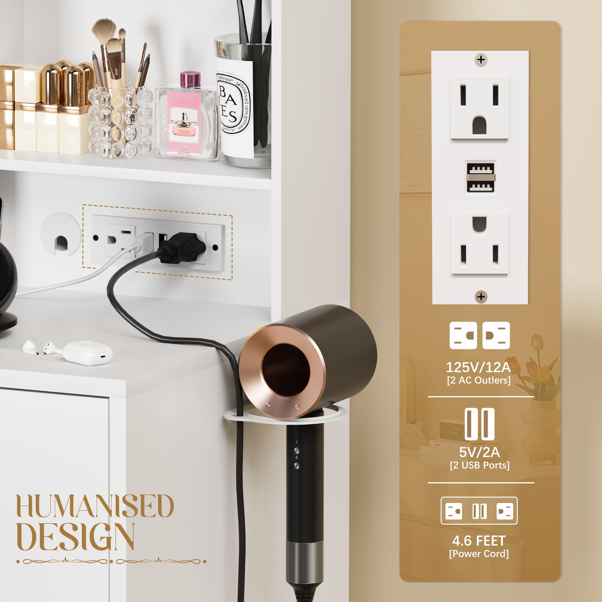 YESHOMY Vanity Desk with LED Lighted Mirror - Makeup Dressing Table with Hair Dryer Holder & Power Outlet, White Bedroom Dresser with Drawers & Storage Cabinets - 3 Adjustable Lighting Modes & Brightness Control | Perfect for Makeup Application, Hair Styling & Bedroom Organization