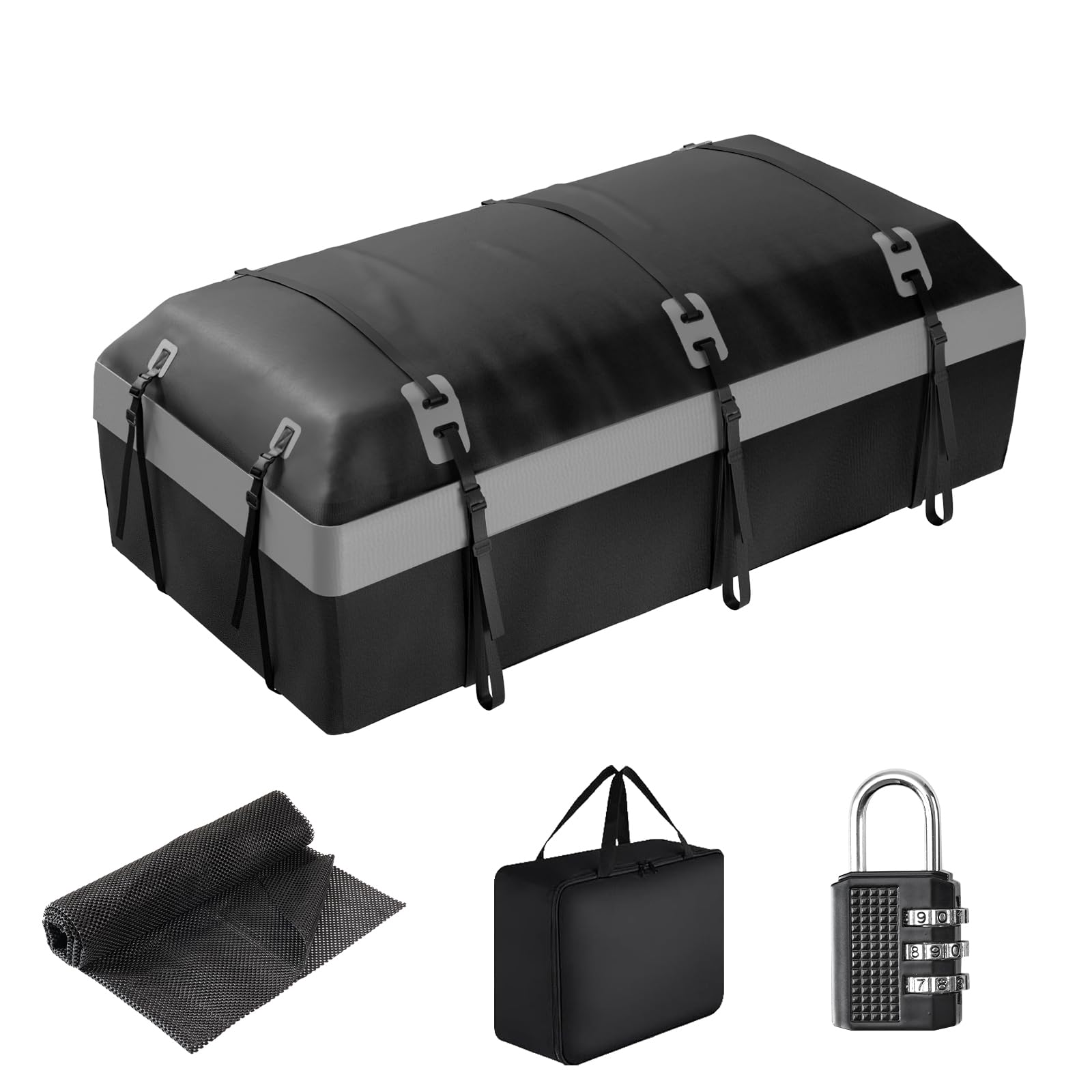 **30 Cubic Feet Car Rooftop Cargo Carrier Bag - Universal Soft-Shell Luggage Bag for All Vehicles (With/Without Racks) | Includes Luggage Lock, 2 Reinforced Straps, 6 Door Hooks & Anti-Slip Mat (Grey) - Perfect for Road Trips, Camping & Outdoor Adventures**