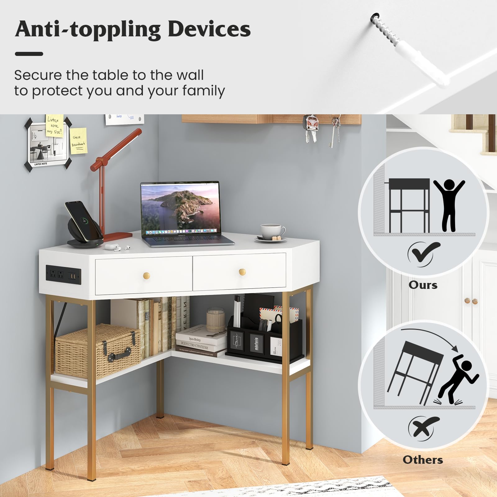 Tangkula White Corner Desk with 2 Drawers & Built-in Charging Station - 90° Triangle Computer Desk for Small Spaces, Bedroom & Office - Compact Writing Desk with Storage Shelves - Perfect for Home Office, Dorm Room & Makeup Vanity