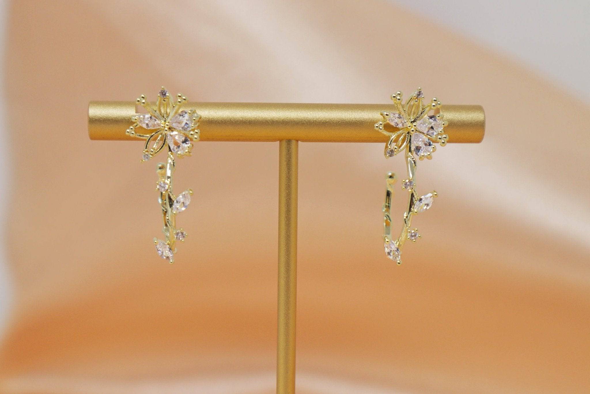 14K Real Gold Crystal Leaf Flower Bridal Earrings - Elegant Statement Stud Earrings for Weddings, Parties & Special Occasions