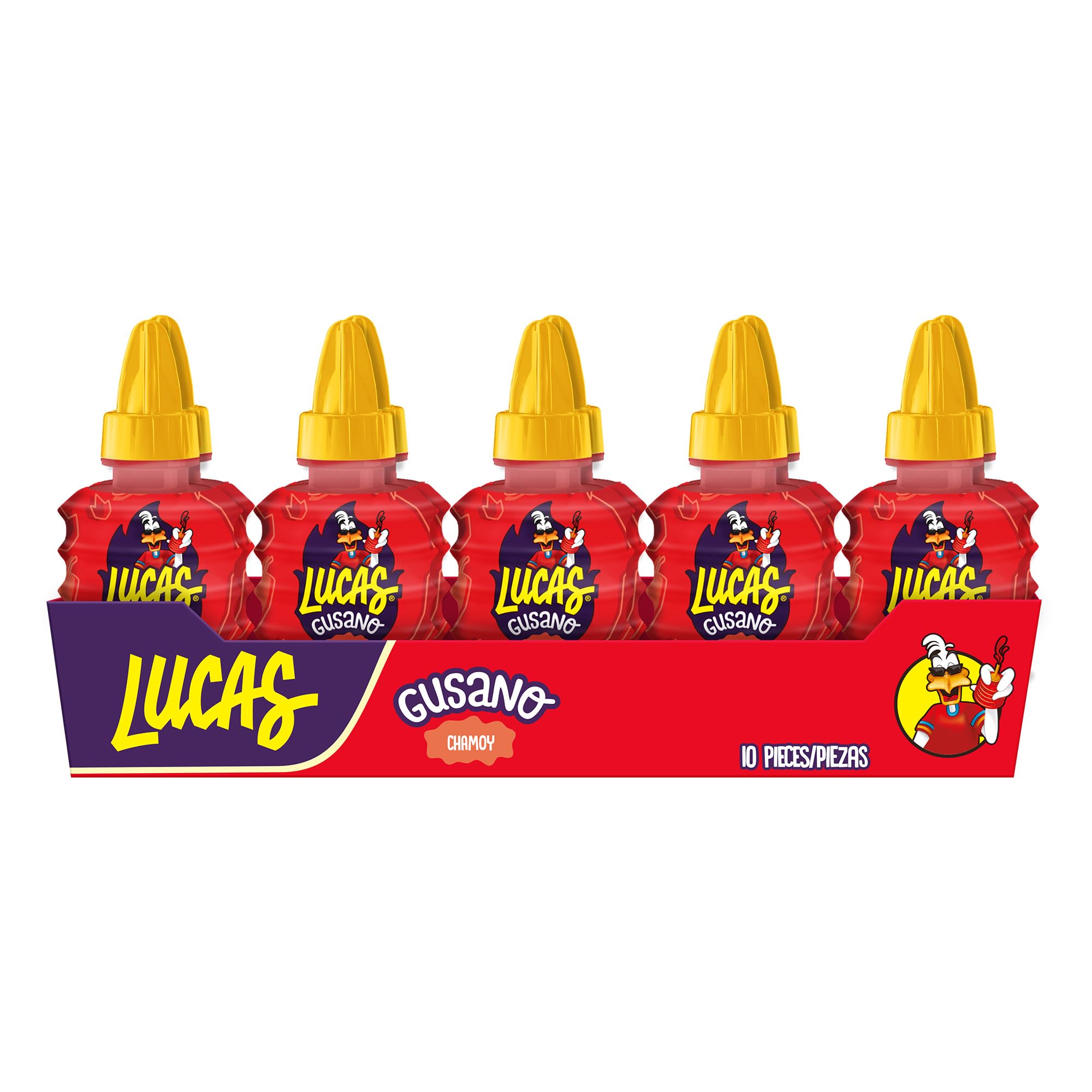 Lucas Gusano Fruity Chamoy Flavored Liquid Spicy Candy - 10 Pack (1.26oz) | Sweet & Spicy Mexican Treat for Kids & Adults | Perfect for Snacks, Parties, Piñatas & Movie Nights