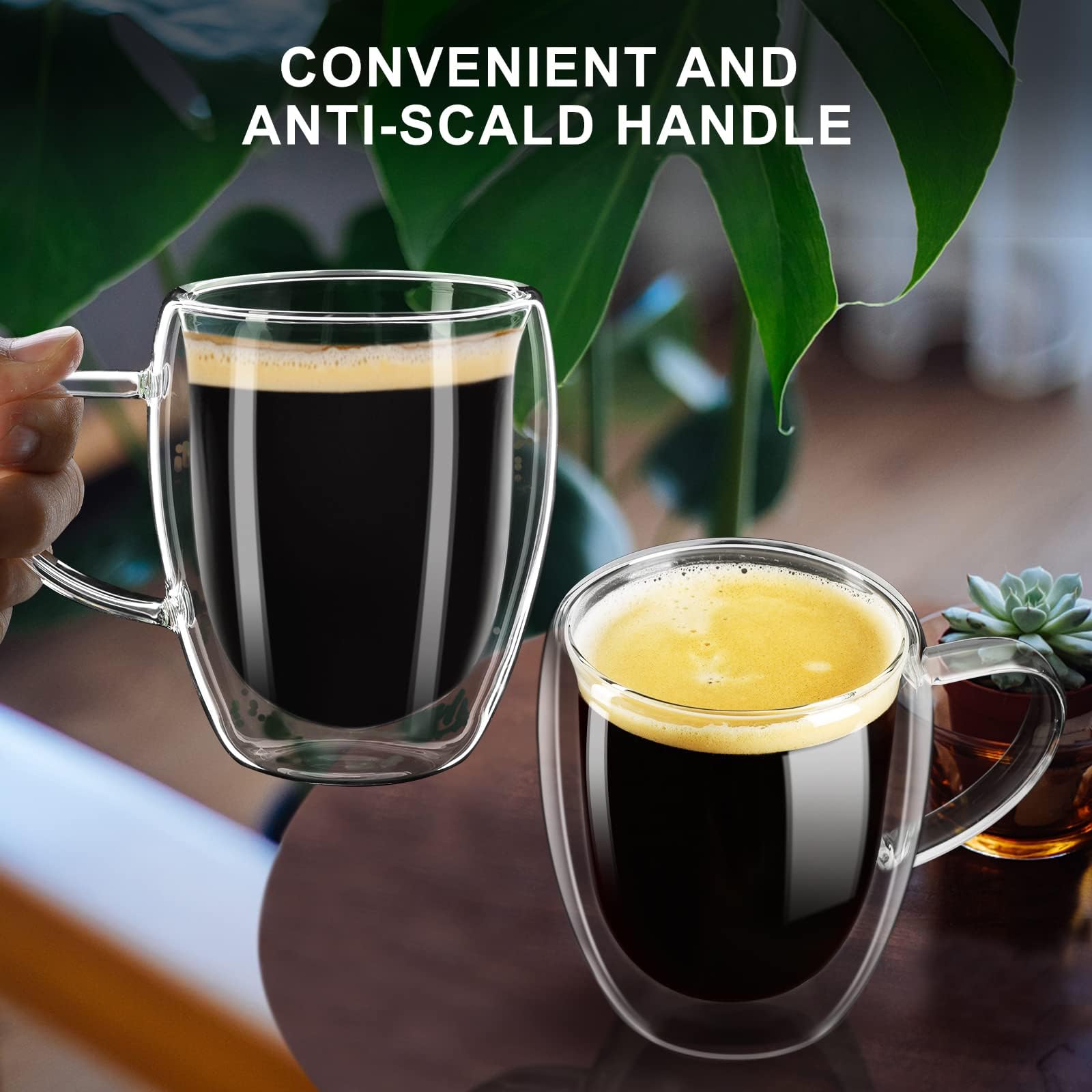 PARACITY Double Wall Insulated Coffee Mugs Set of 2 - 12oz Borosilicate Glass Cups with Handle for Hot & Cold Drinks - Perfect for Cappuccino, Latte, Tea - Ideal for Home, Office, Camping & Travel Use