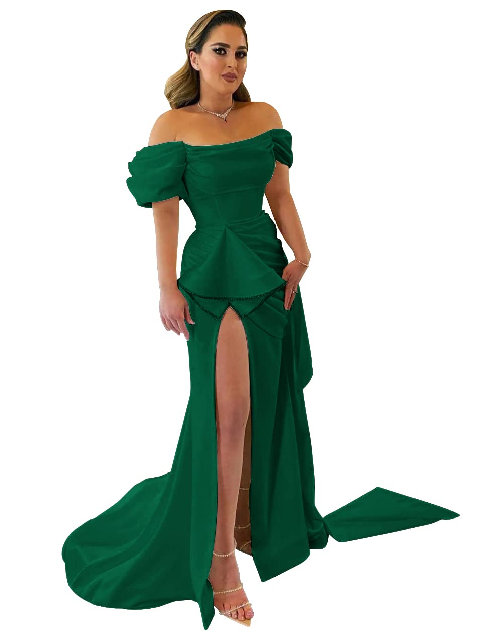 Elegant Puffy Sleeve Prom Dresses for Women - Off Shoulder Beaded Mermaid Gown with Satin Slit | Formal Evening & Wedding Dresses | Perfect for Prom Night, Homecoming, Black Tie Events & Special Occasions