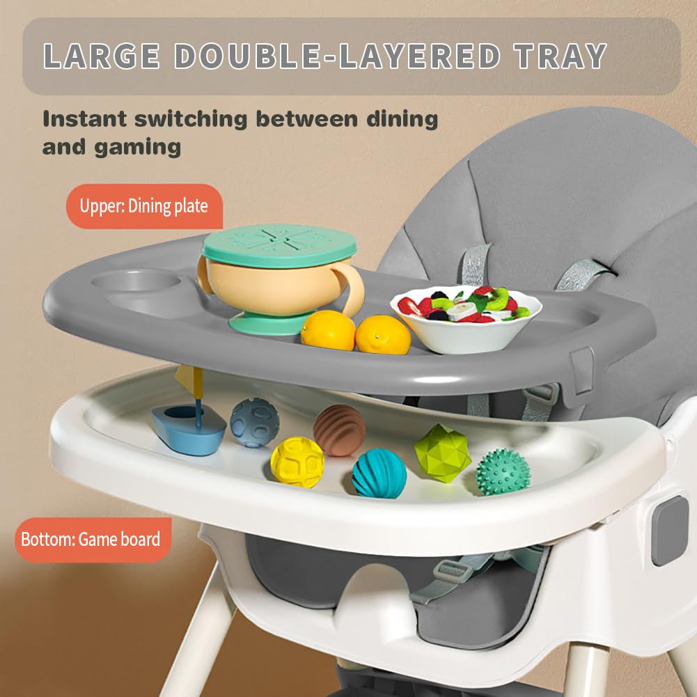 5-in-1 Foldable Baby High Chair with Adjustable Height & Recline - Portable Toddler Feeding Seat with Removable Tray, PU Cushion & Locking Wheels - Perfect for Home, Travel & Restaurant Use