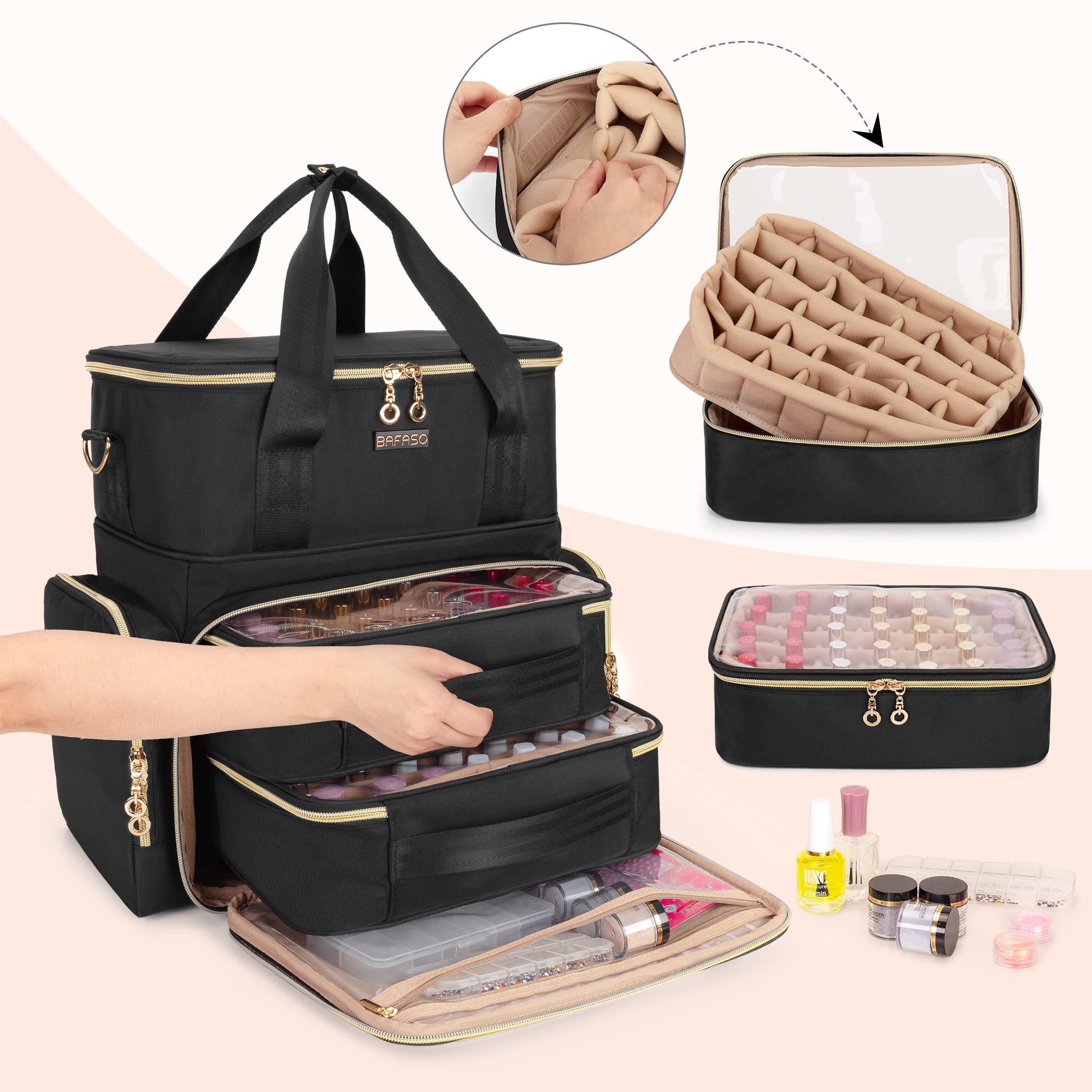 BAFASO Double Layer Nail Polish Organizer Case - Holds 70 Bottles (15ml/0.5oz) with Nail Dryer, 2 Removable Pouches & Tools Storage - Portable Nail Art Storage for Salon, Home & Travel - Black (Patented Design)