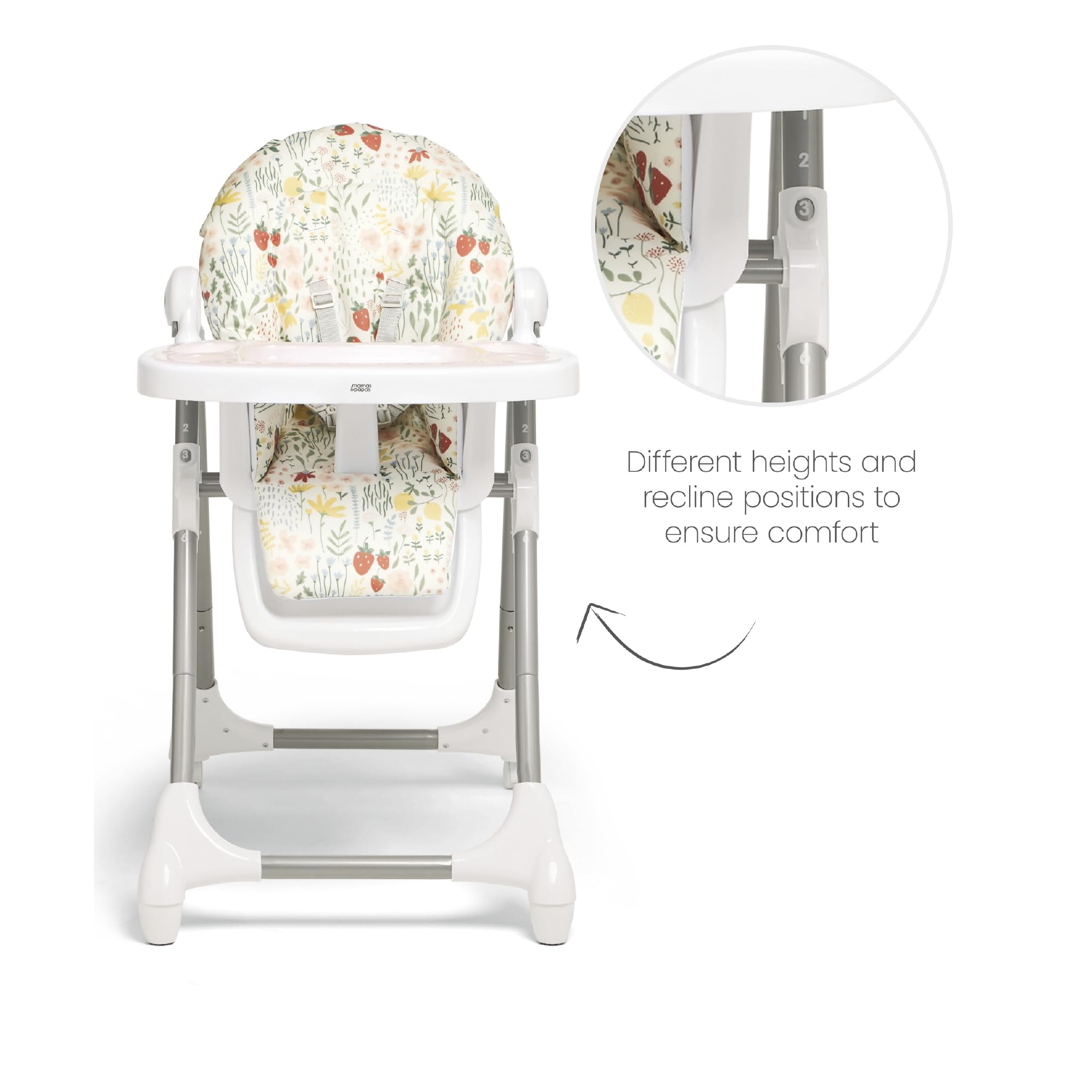Mamas & Papas Snax Adjustable High Chair with Reclining Seat, Foldable Design & Removable Tray - Fruit Garden Pattern | Baby Feeding Chair for Home, Restaurant & Travel Use