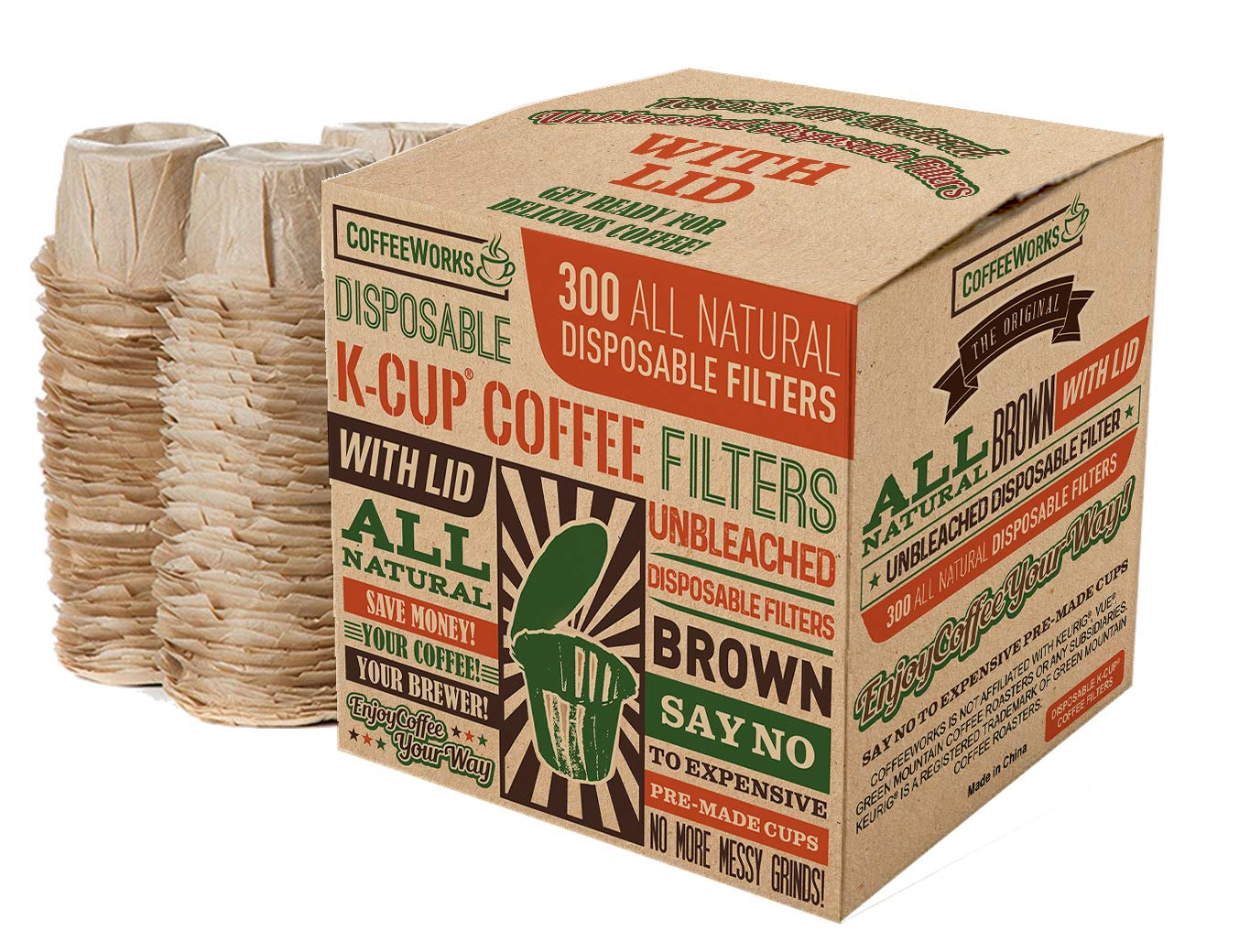 Natural Unbleached Brown Paper Coffee Filters with Lid - 300 Count Disposable Filters Compatible with Keurig 1.0 & 2.0, All Reusable K-Cups - Brew Your Own Premium Coffee at Home or Office
