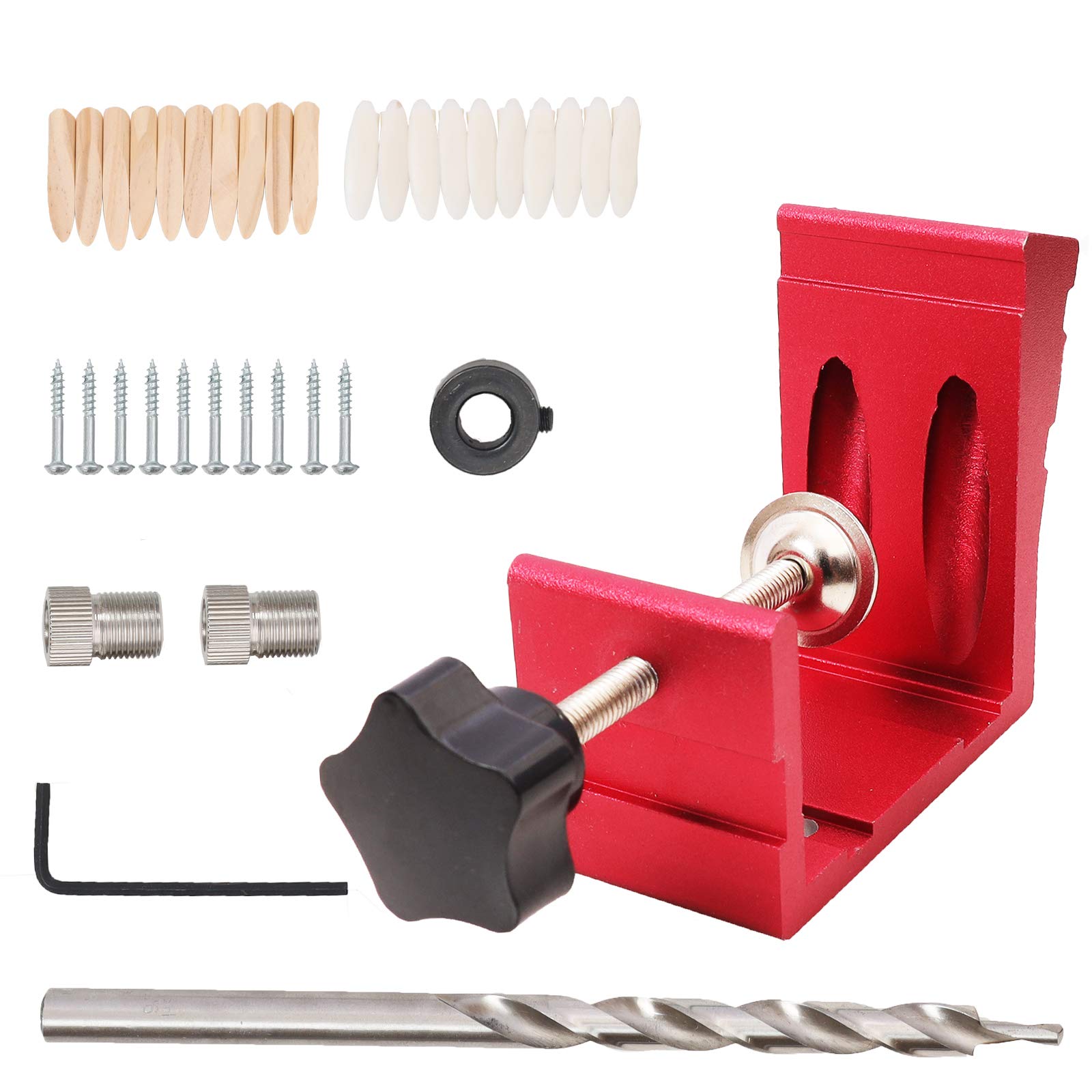 **Red Pocket Hole Jig Kit - 46pcs Woodworking Accessories with Angle Guides & Joint Locator for DIY Carpentry Projects - Perfect for Furniture Making, Cabinetry, and Home Repairs**