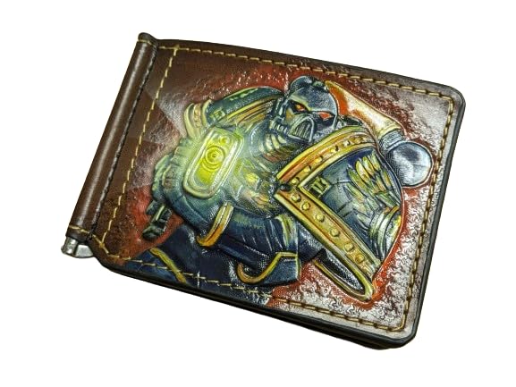Warhammer 40K Genuine Leather Wallet for Men - Handmade 3D Carved Orks & Chaos Forces Design with Money Clip | Custom Personalized Airbrush Art Tooled Wallet | Perfect Gift for Gamers & Collectors