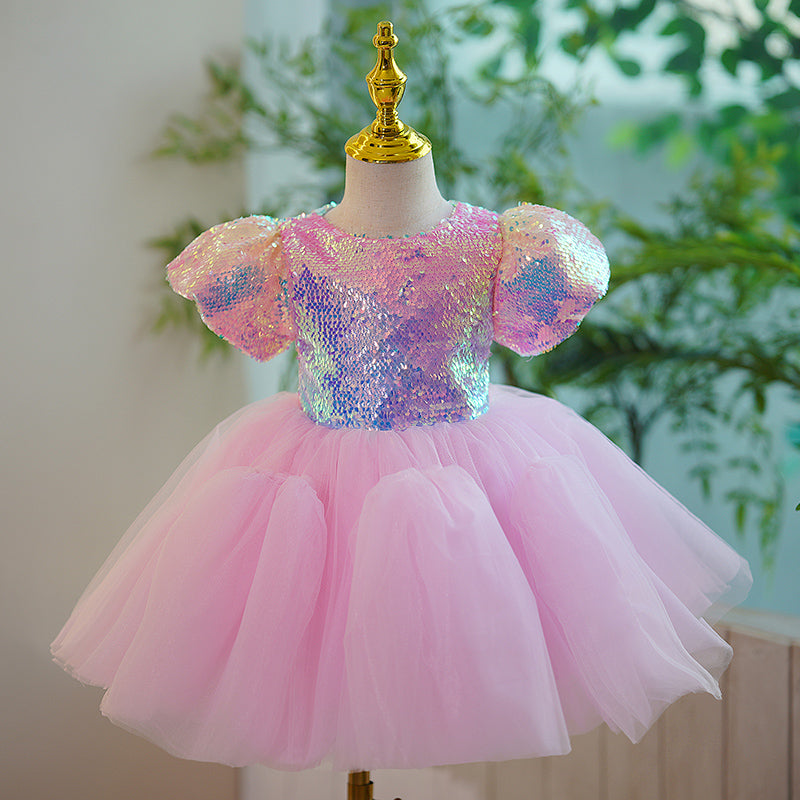 Sparkly Pink Sequin Tulle Princess Dress with Puff Sleeves - Tea Length Party Gown for Girls Birthday, Pageant, Flower Girl & Special Occasions