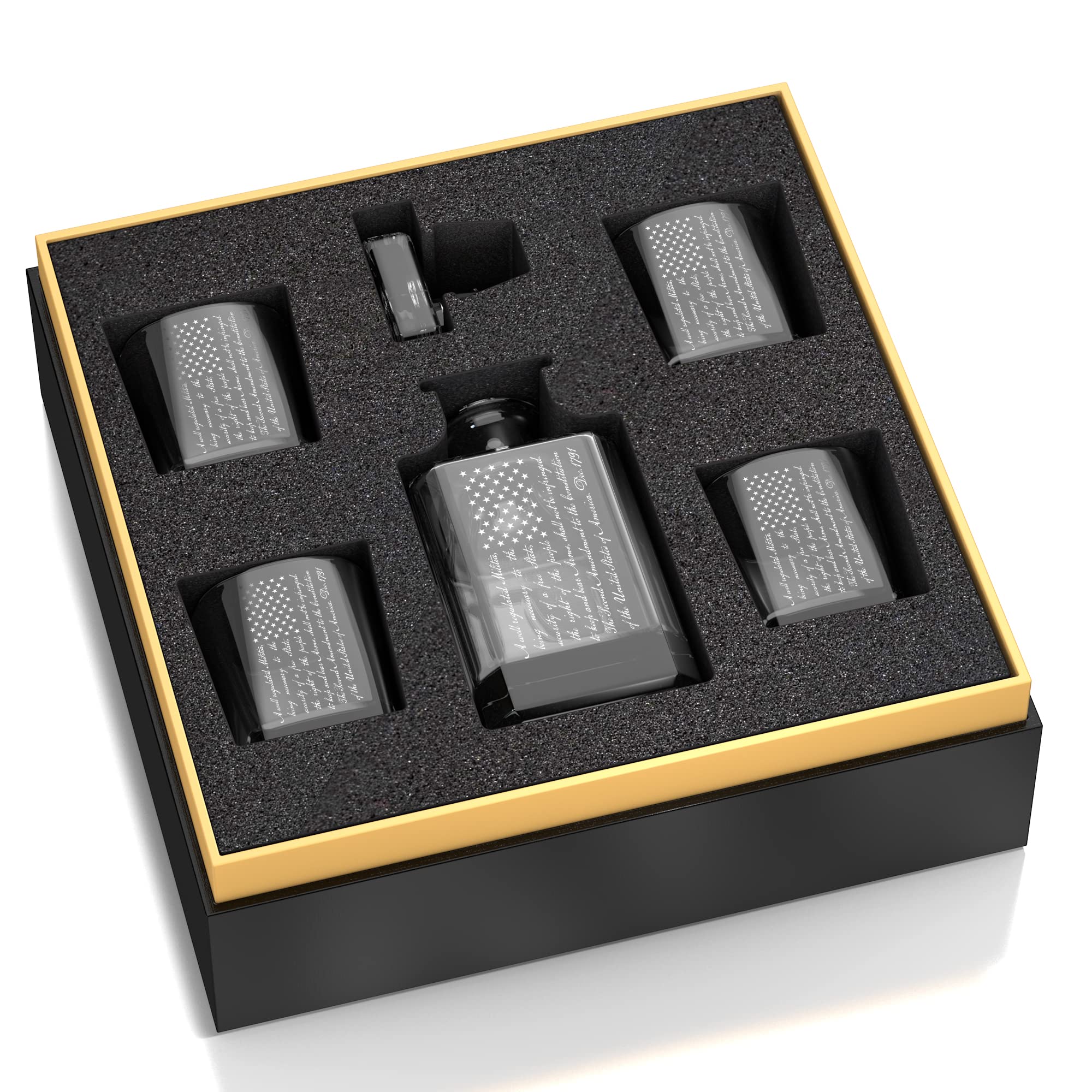 2A Patriotic Amendment Whiskey Decanter Gift Set - 5 Piece Glass Set with Premium Gift Box - Perfect for 4th of July, Veterans Day & Gun Enthusiast Gifts