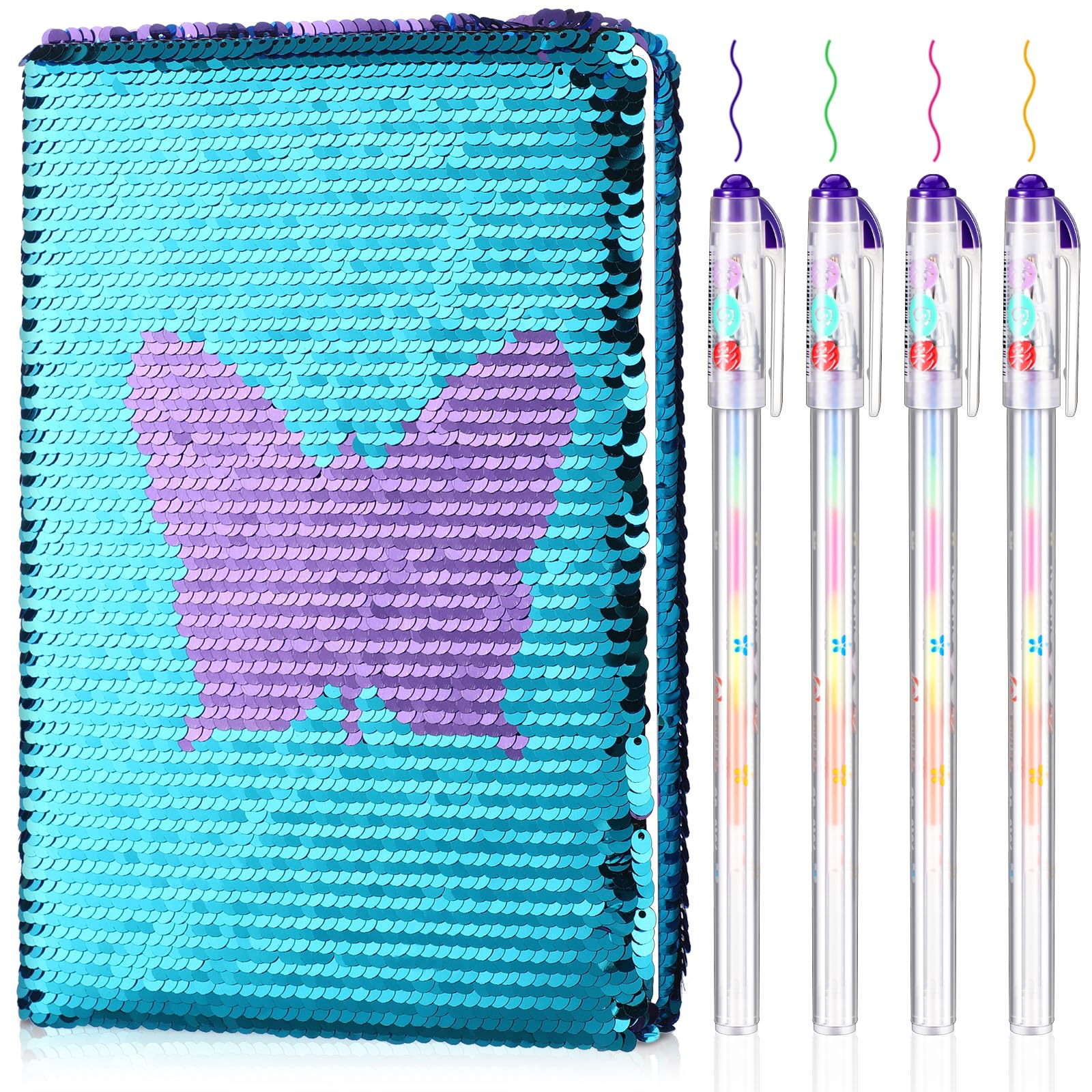 Outus 4-Piece Sequin Girls Journal Set with Reversible Diary, Glitter Notebook & Color Gel Pens - Perfect for Teens, Writing & Creative Gifts (Blue Purple Butterfly Design) - Great for School, Diary Keeping & Birthday Presents
