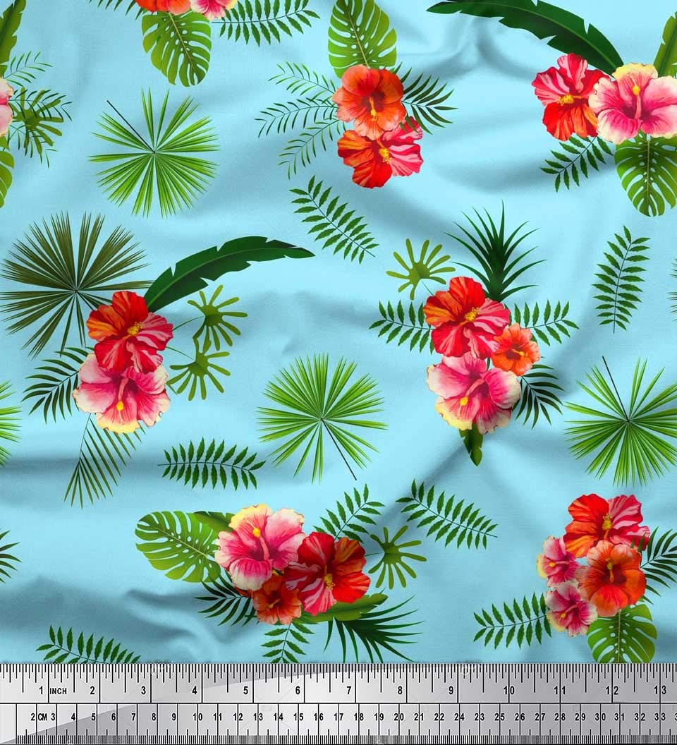 Soimoi 100% Cotton Jersey Fabric by The Yard - 58 Inch Wide - Blue Floral & Tropical Leaves Print - Soft & Breathable for DIY Dresses, Skirts, and Home Decor Projects